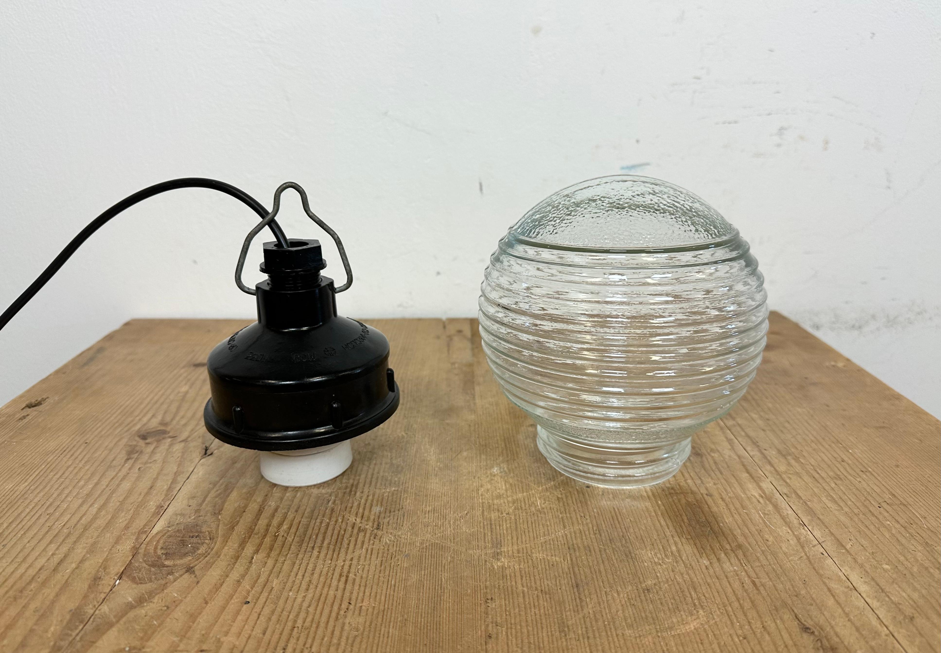 Industrial Bakelite Pendant Light with Ribbed Glass, 1970s For Sale 4