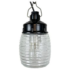 Industrial Bakelite Pendant Light with Ribbed Glass, 1970s