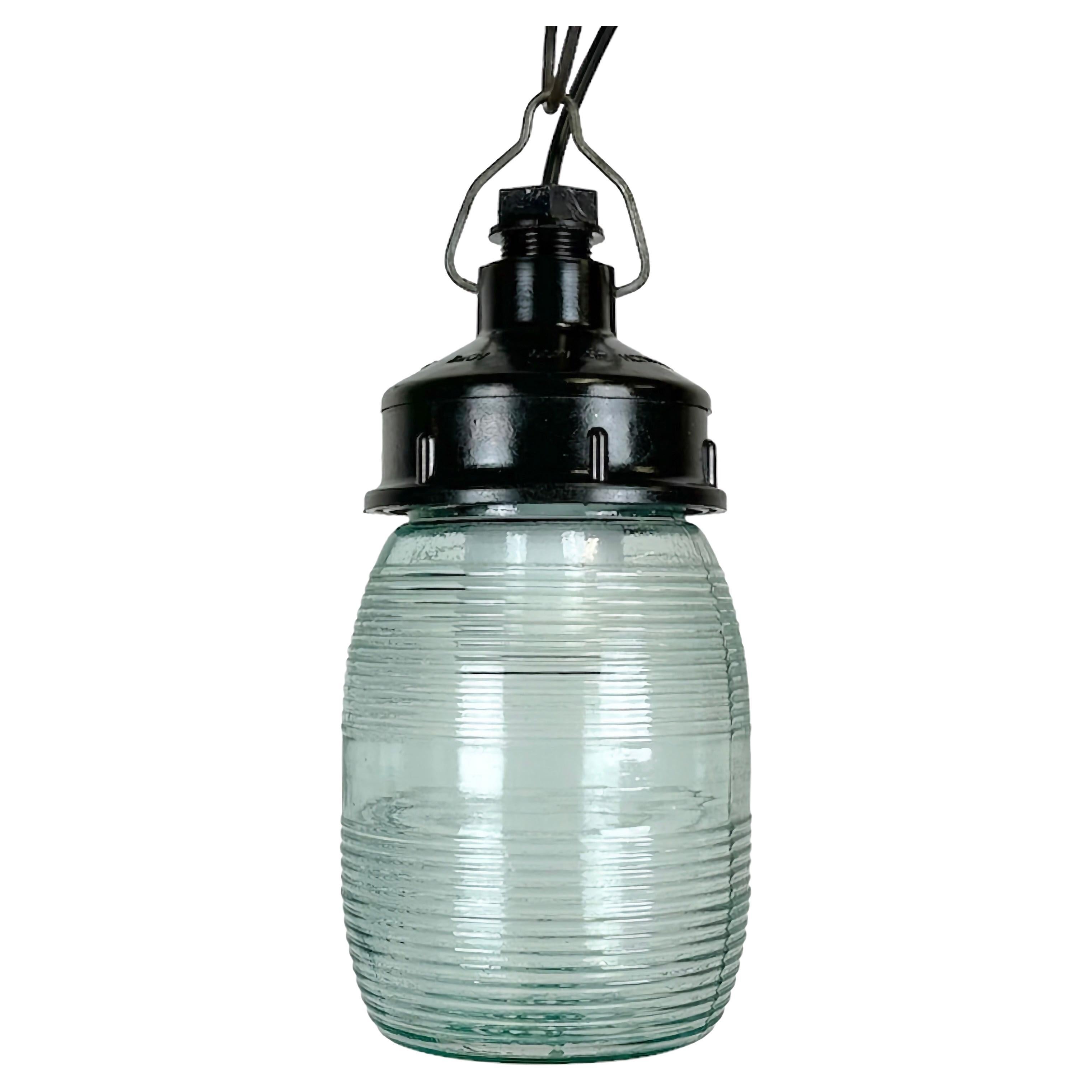 Industrial Bakelite Pendant Light with Ribbed Glass, 1970s For Sale