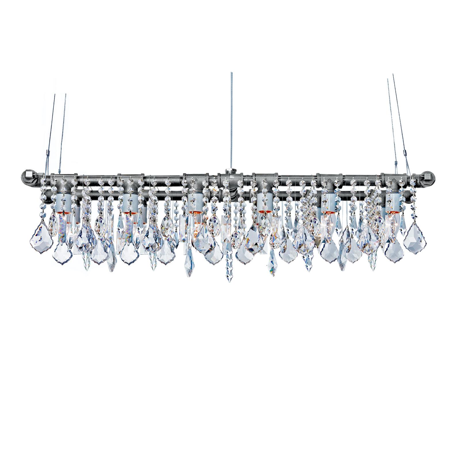 Industrial Banqueting linear suspension chandelier by Michael McHale
Dimensions: D 28 x W 114 x H 25.5 cm.
Materials: steel, optically-pure gem-cut crystal.

12 x medium base CA7 bulb, either incandescent or LED

All our lamps can be wired