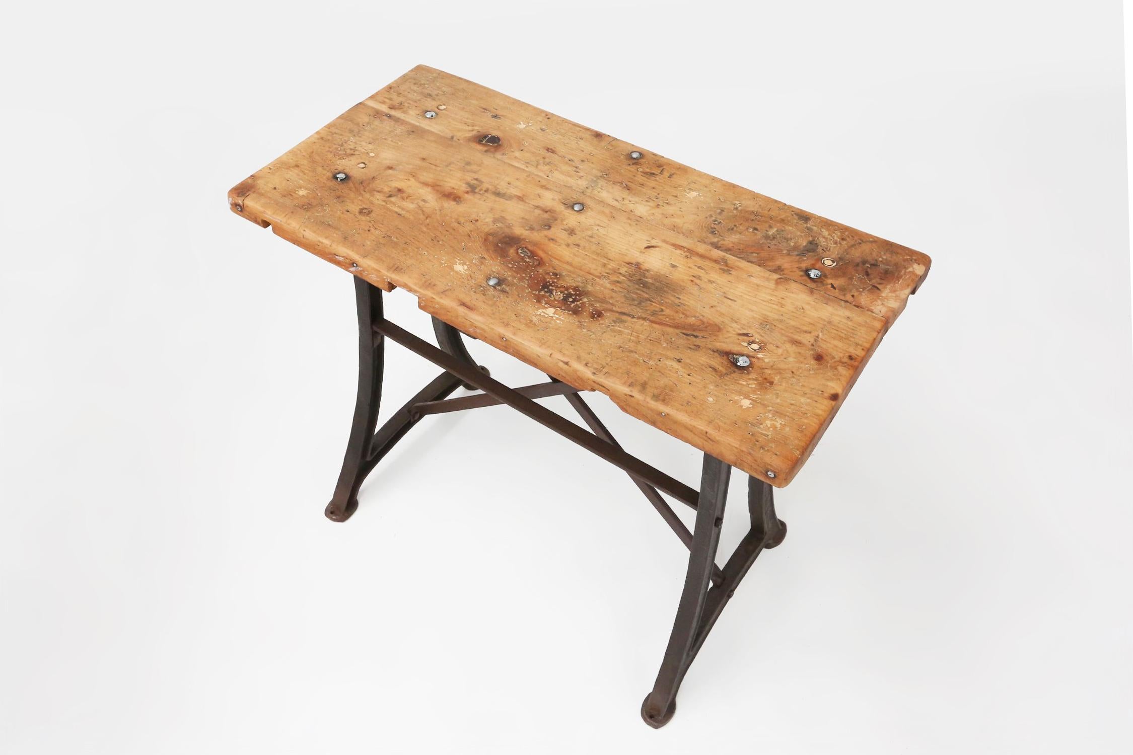Industrial Bar/Bistro Table with Cast Iron Legs and Wooden Top, Belgium 1920s For Sale 7