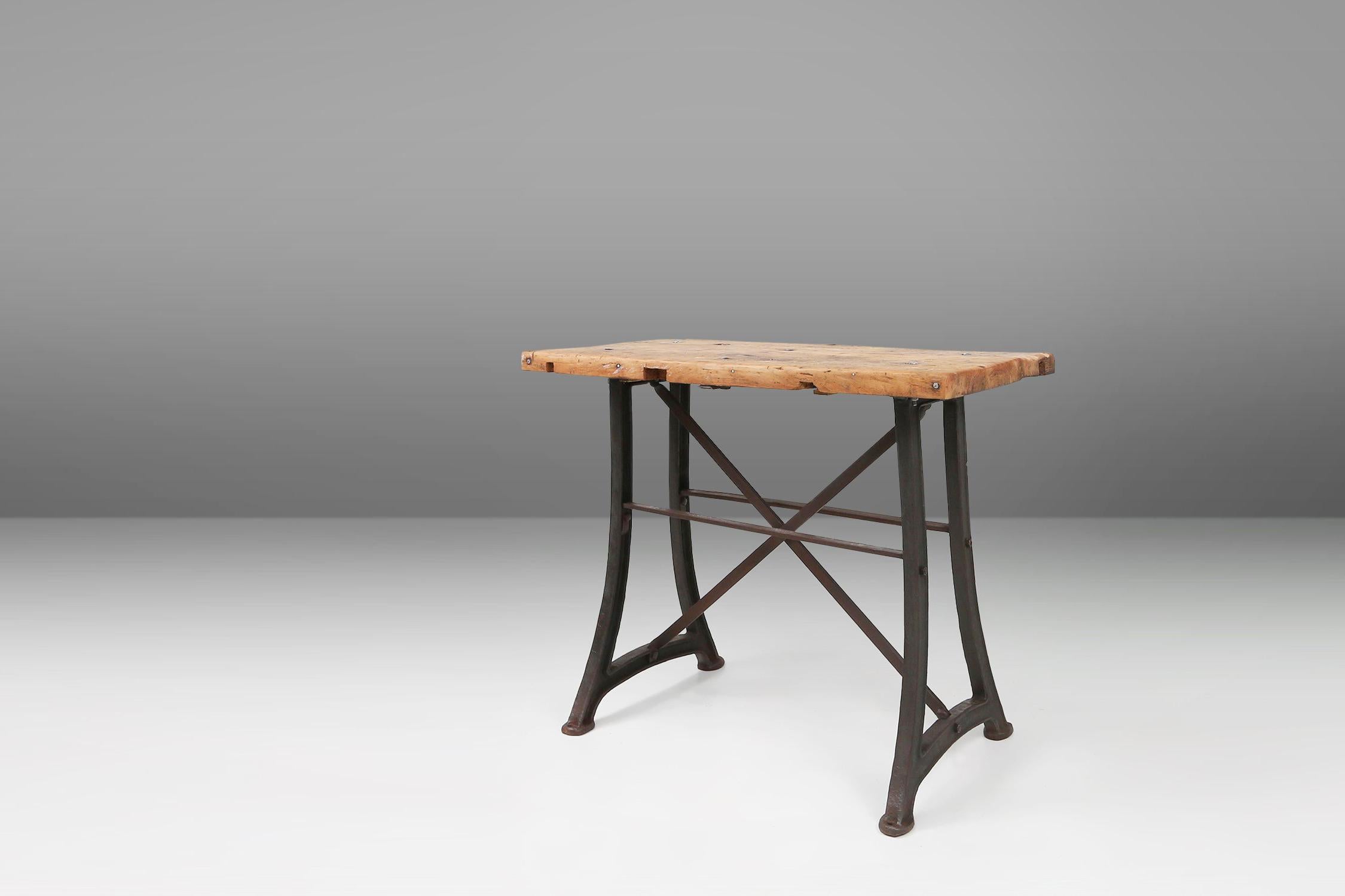 Industrial Bar/Bistro Table with Cast Iron Legs and Wooden Top, Belgium 1920s For Sale 8