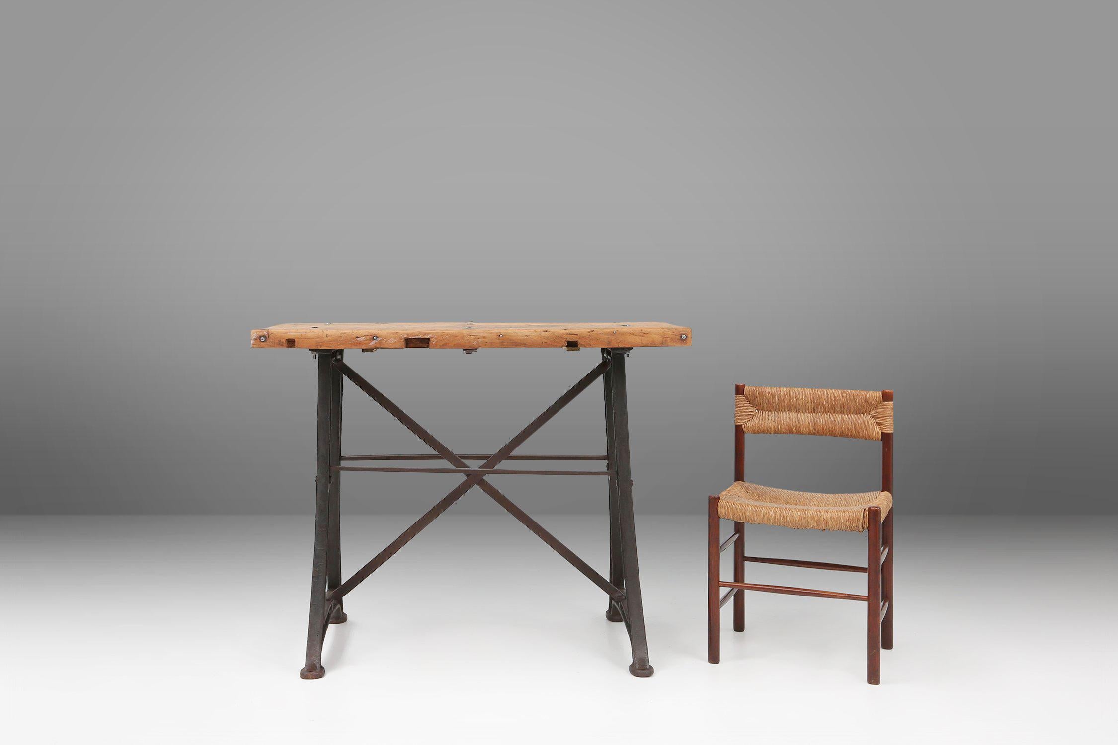 Belgium / 1920 / bar or bistro table / wood and cast iron / industrial  

Beautiful combination of an authentic cast iron A-shaped machine legs and a characterful old thick wooden top. Made in Belgium in the 1920s.   

The natural wood finish adds
