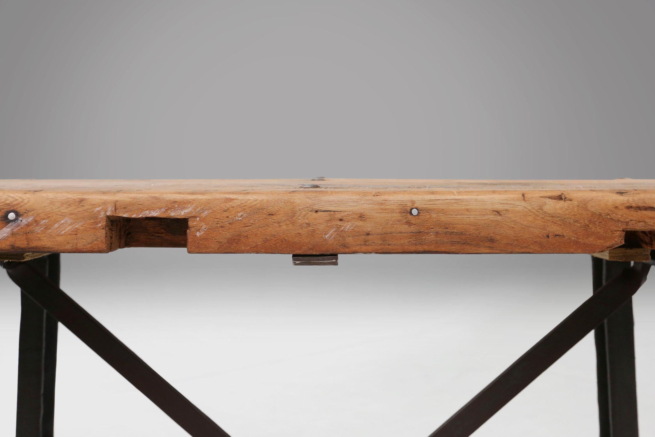Belgian Industrial Bar/Bistro Table with Cast Iron Legs and Wooden Top, Belgium 1920s For Sale