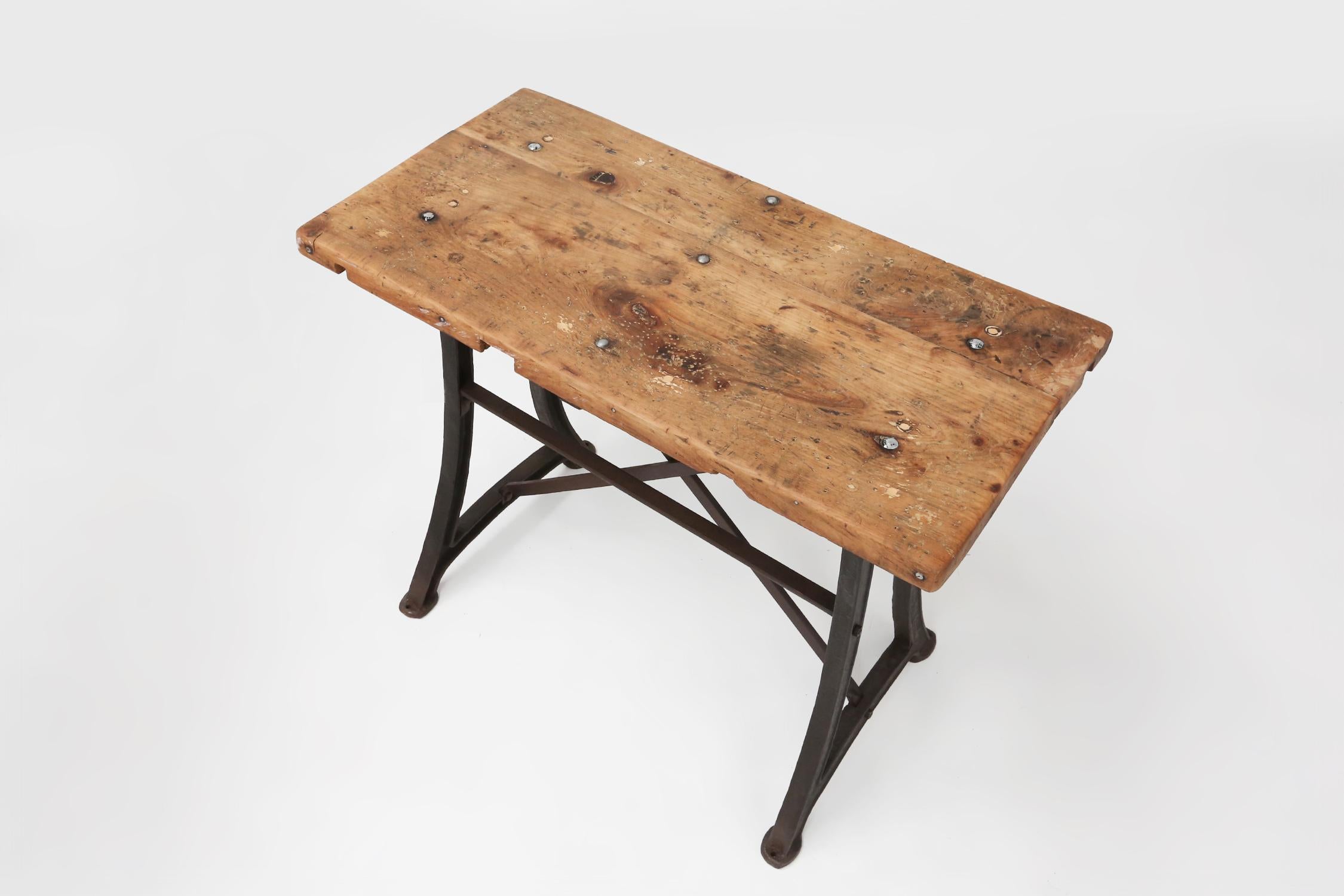 Industrial bar/bistro table with cast iron legs and wooden top, Belgium ca. 1920 7