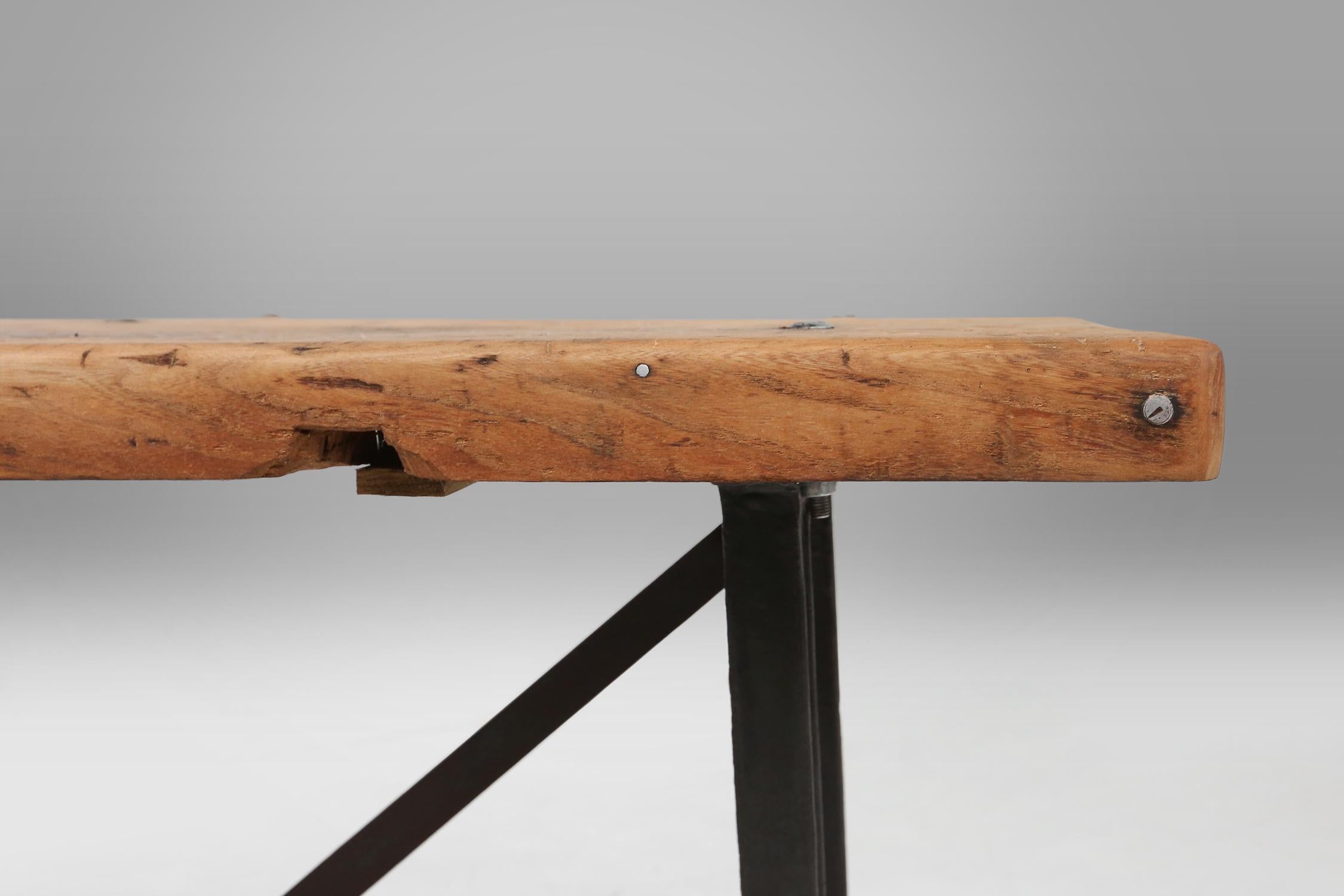 Cast Industrial bar/bistro table with cast iron legs and wooden top, Belgium ca. 1920