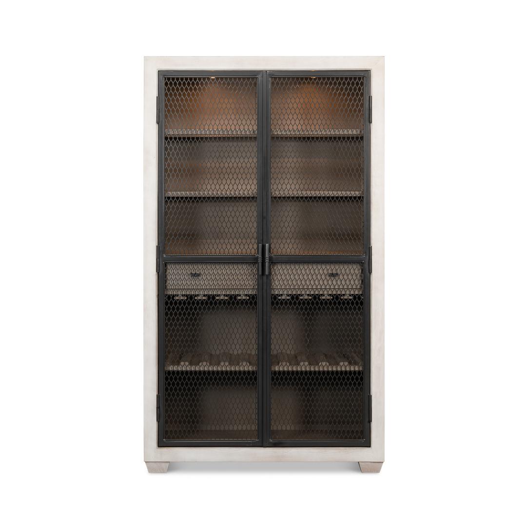 A statement piece where functionality and sophisticated design converge. Crafted with the modern connoisseur in mind, this bookcase wine/bar cabinet features a blend of soft white tones and industrial metal door accents that offer a contemporary