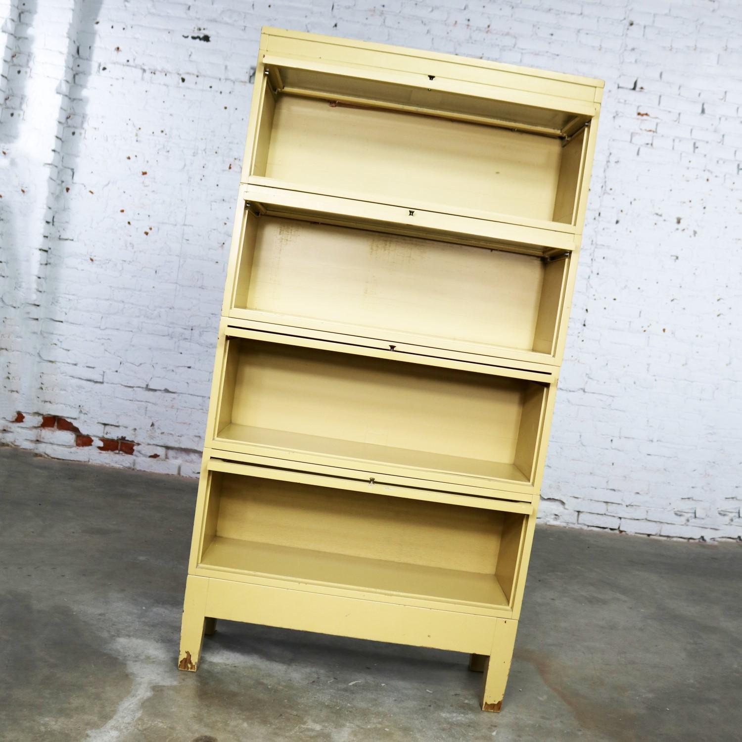 Industrial Barrister Stacking Bookcase Globe Wernicke Distressed Yellow Painted In Distressed Condition In Topeka, KS