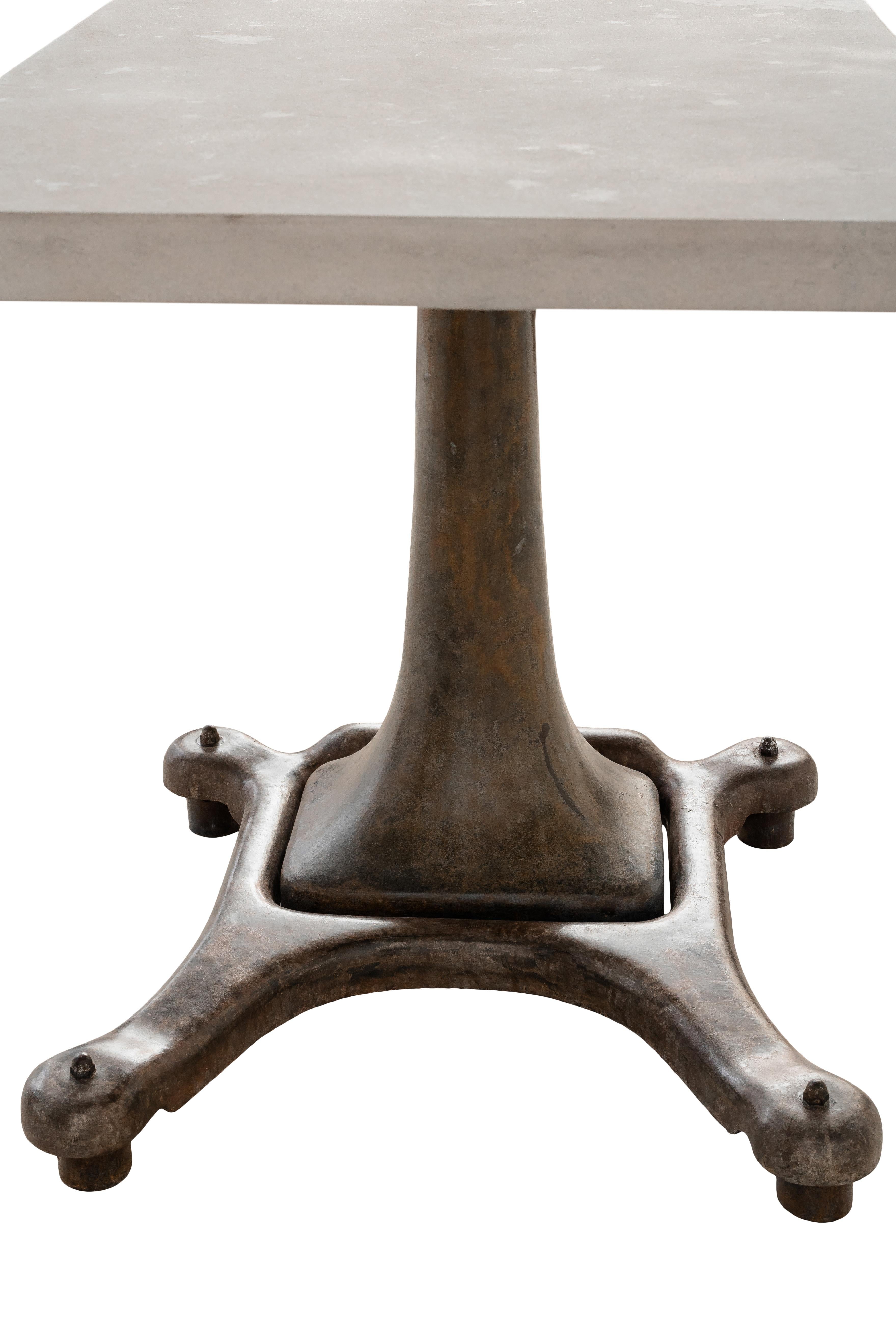 Metal Industrial Base Table with Limestone Top For Sale