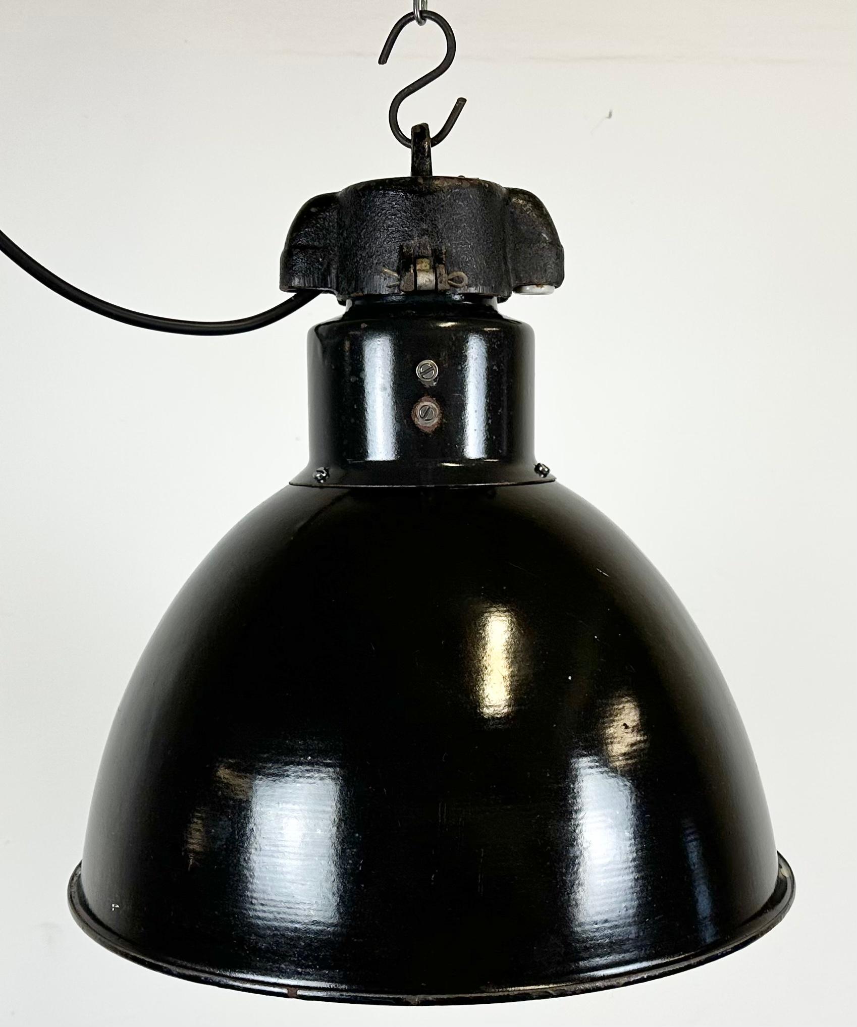 Czech Industrial Bauhaus Black Enamel Pendant Lamp, 1930s For Sale