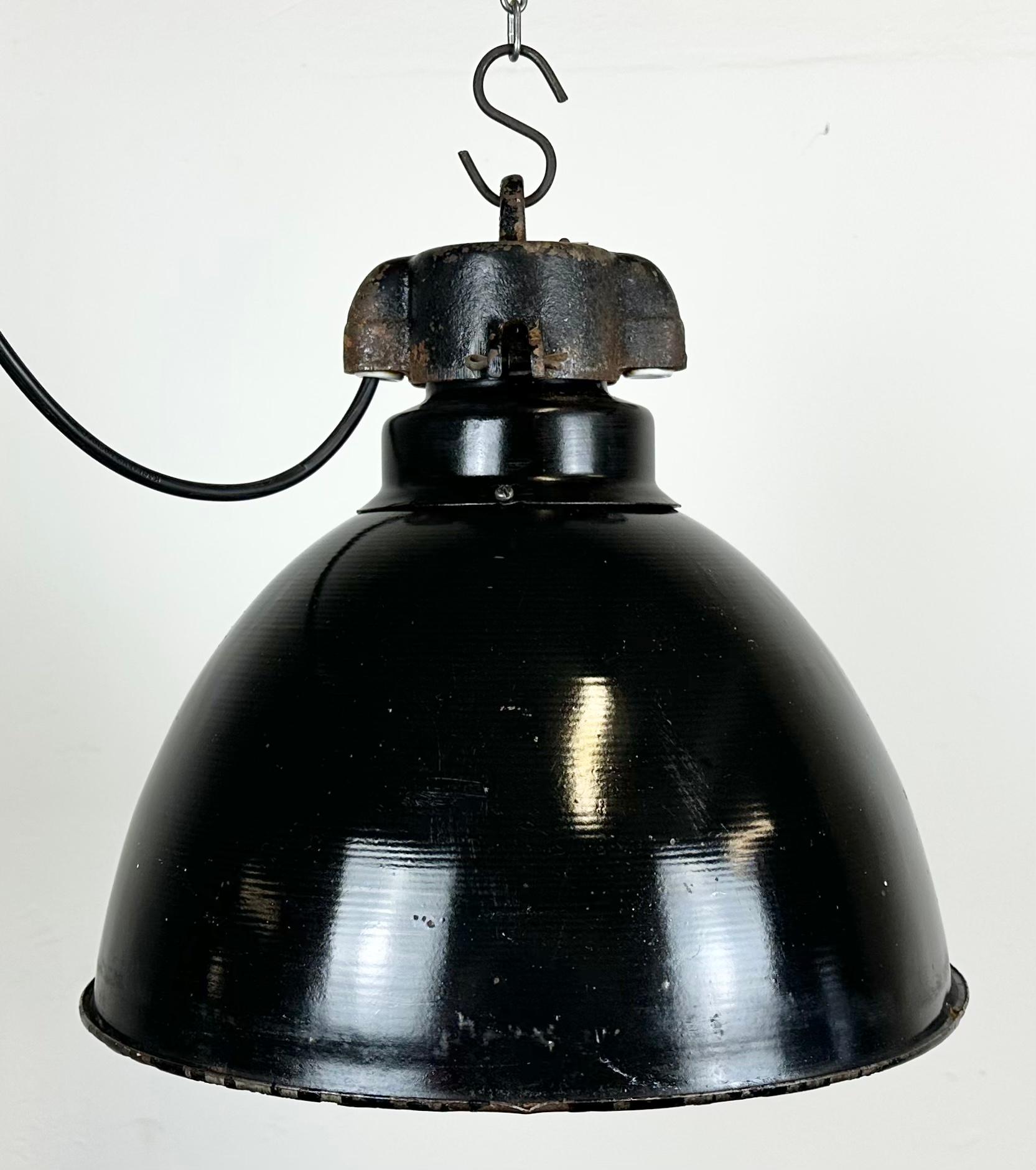 Czech Industrial Bauhaus Black Enamel Pendant Lamp, 1930s For Sale