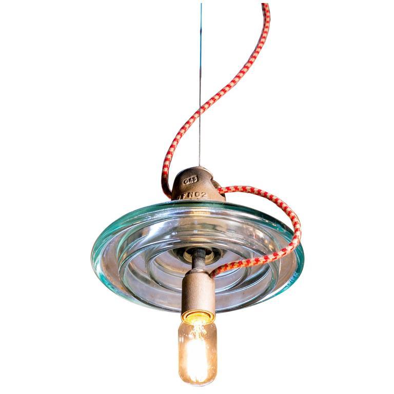 Industrial Belgian Glass Pendants with Colored Cords In Excellent Condition In Houston, TX