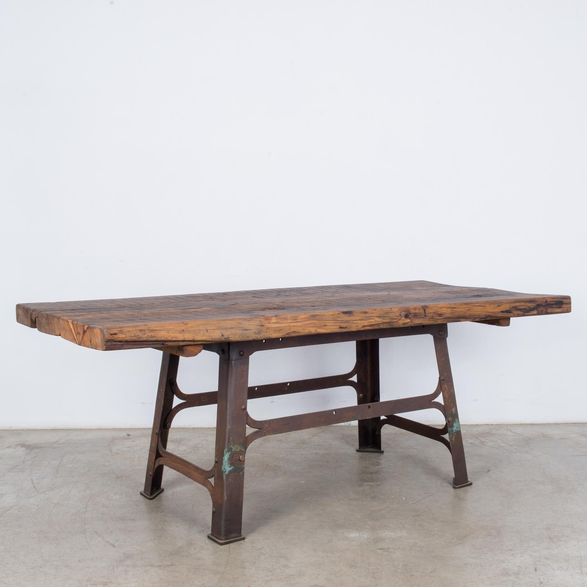 Industrial Belgian Table with Rustic Wooden Top In Good Condition In High Point, NC
