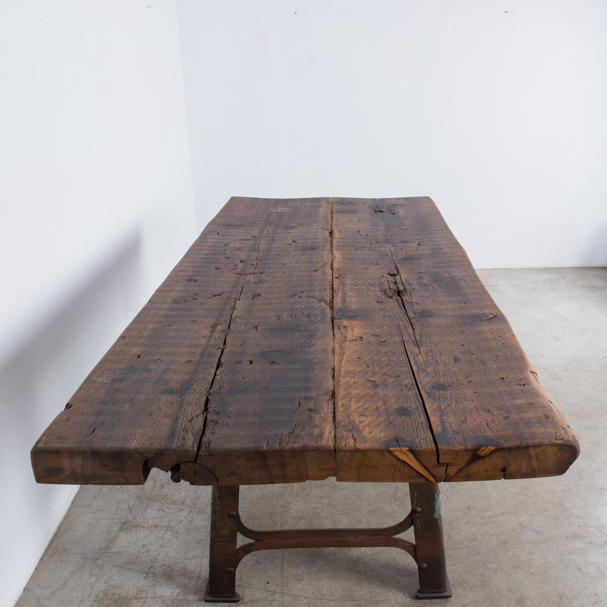 Industrial Belgian Table with Rustic Wooden Top 3