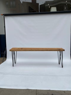Industrial Bench Hairpin Legs Wood Midcentury Modern 1980s garden seat Vintage 1