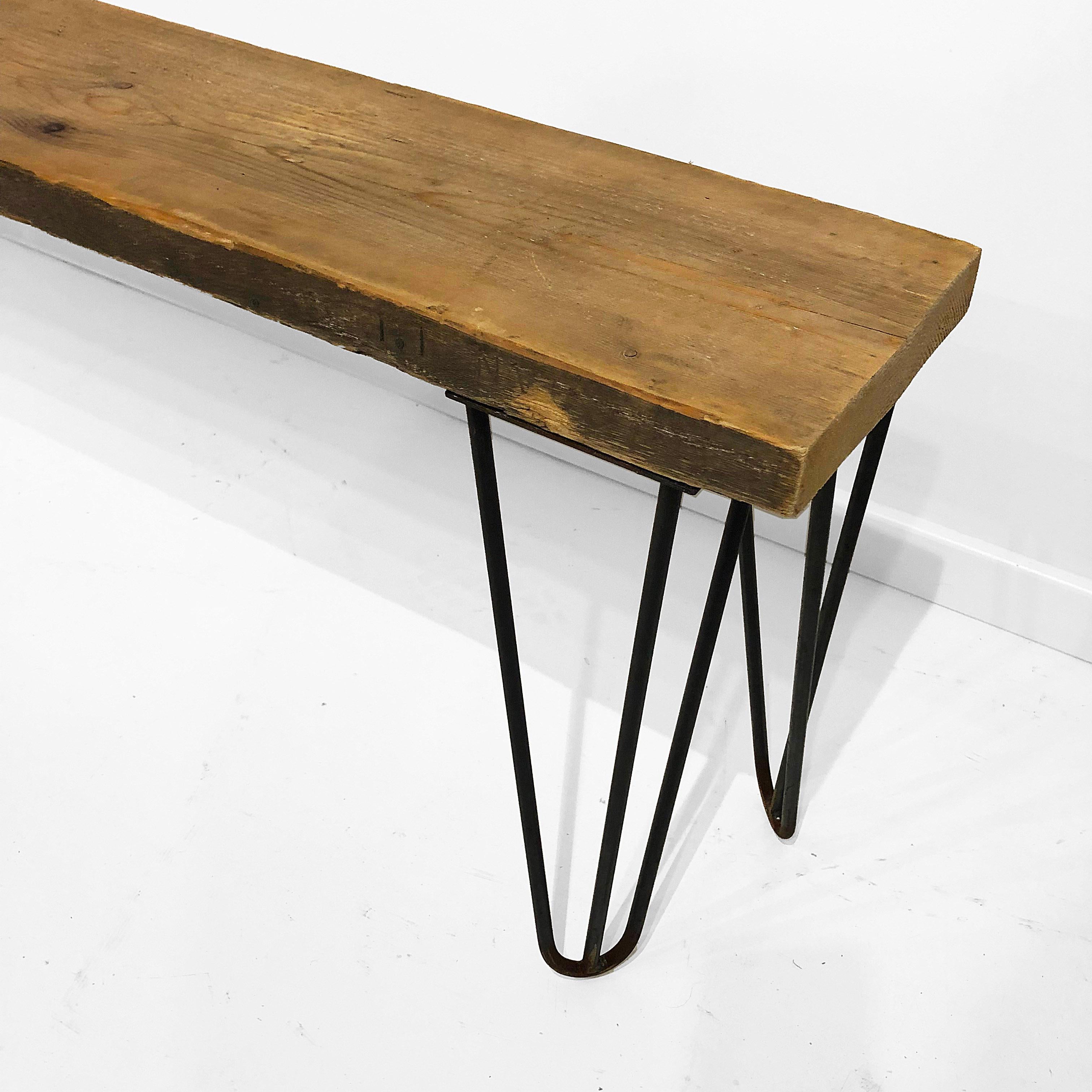 Industrial Bench with Hairpin Legs and Scaffolding Wood Mid-Century Modern Seat For Sale 4