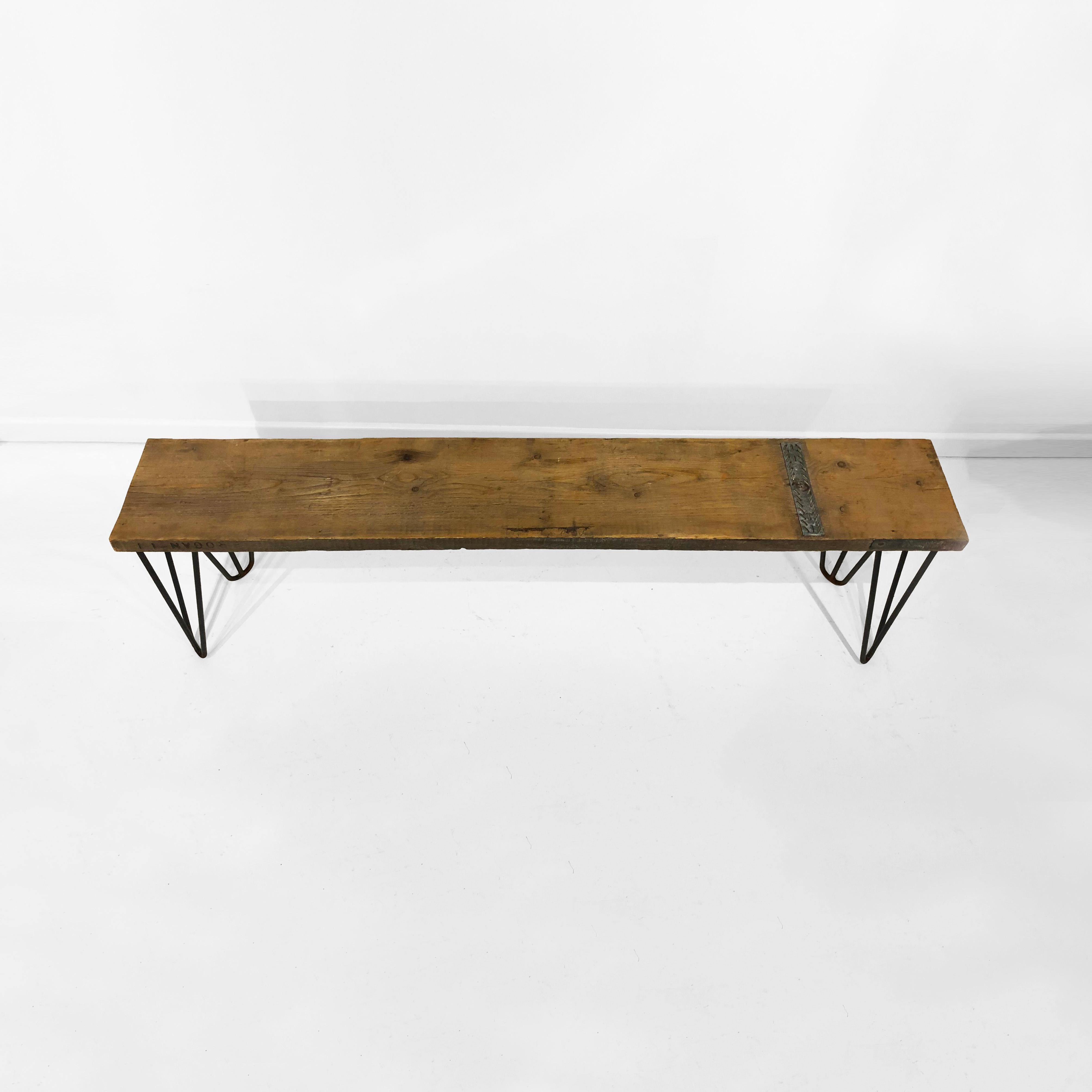 British Industrial Bench with Hairpin Legs and Scaffolding Wood Mid-Century Modern Seat For Sale