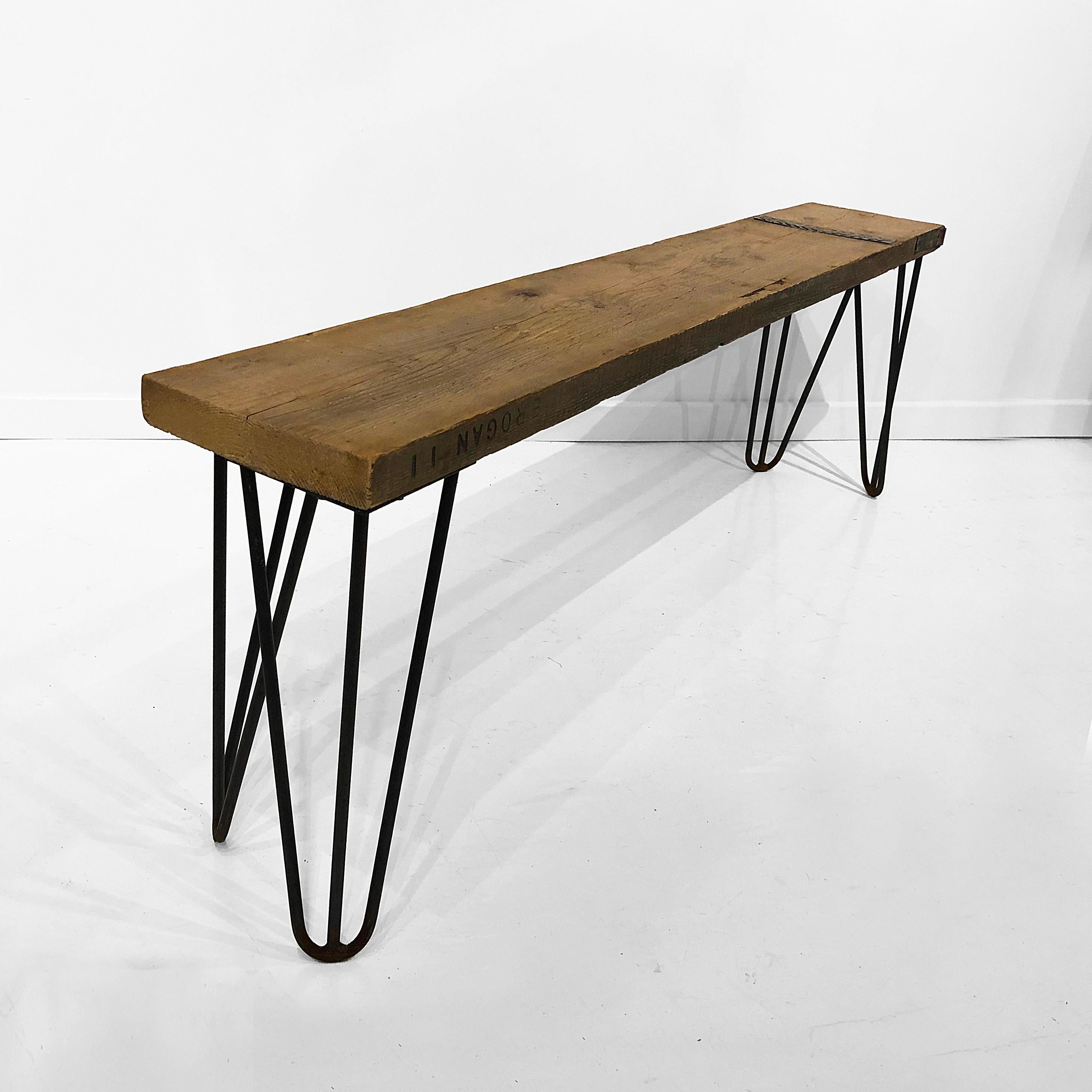 Contemporary Industrial Bench with Hairpin Legs and Scaffolding Wood Mid-Century Modern Seat For Sale