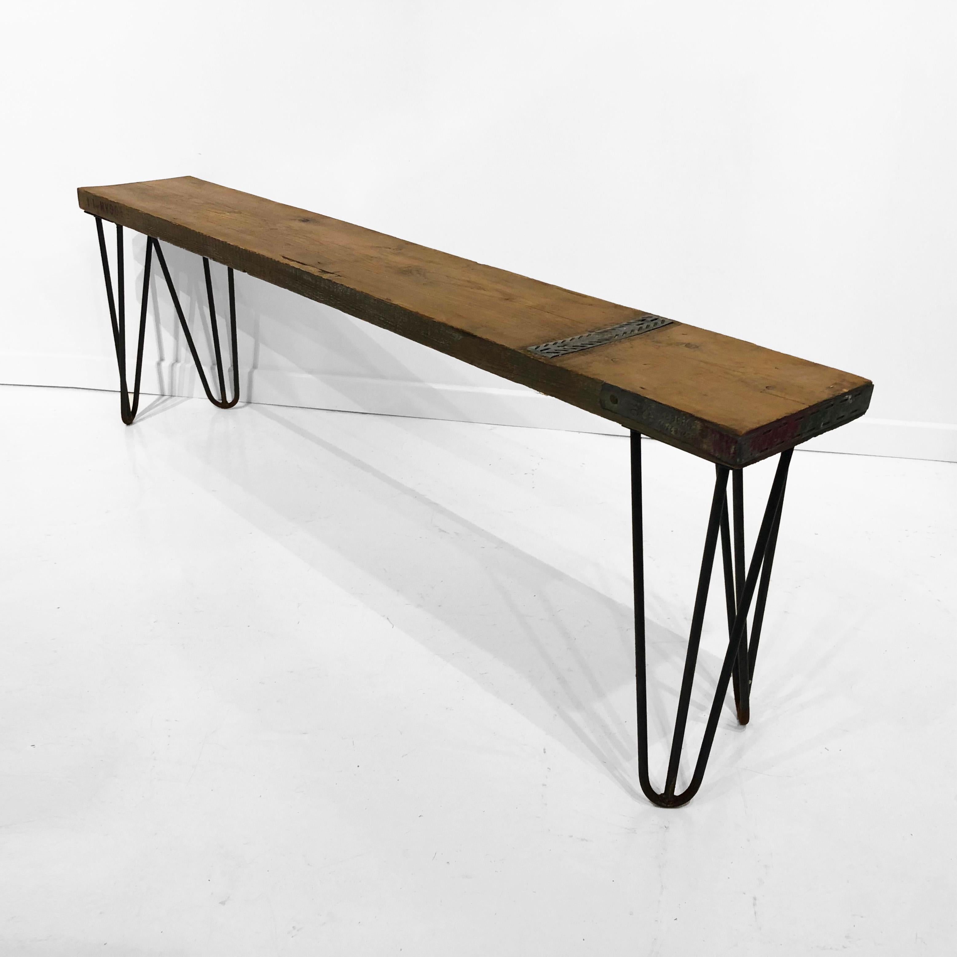 Iron Industrial Bench with Hairpin Legs and Scaffolding Wood Mid-Century Modern Seat For Sale