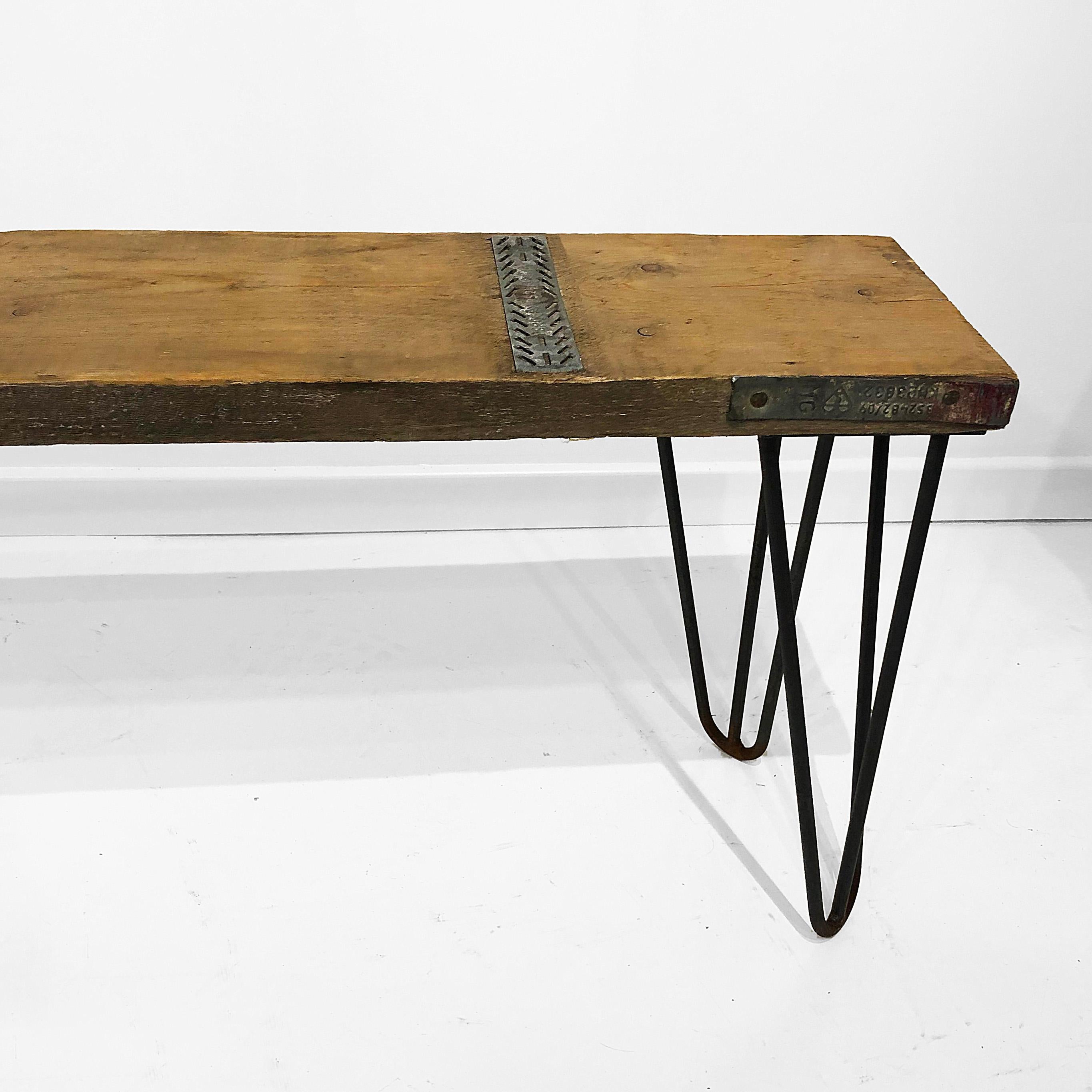 Industrial Bench with Hairpin Legs and Scaffolding Wood Mid-Century Modern Seat For Sale 2