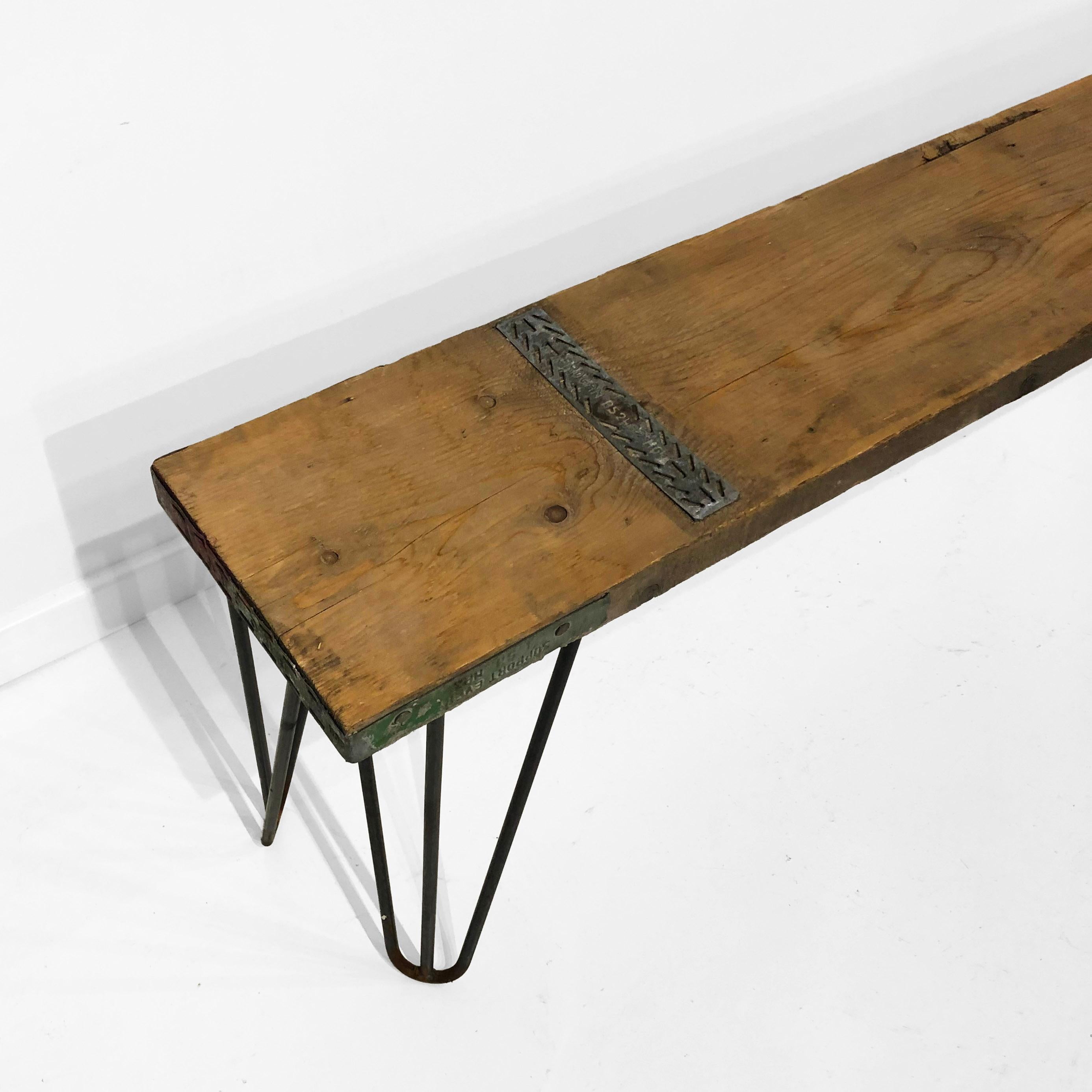 Industrial Bench with Hairpin Legs and Scaffolding Wood Mid-Century Modern Seat For Sale 3