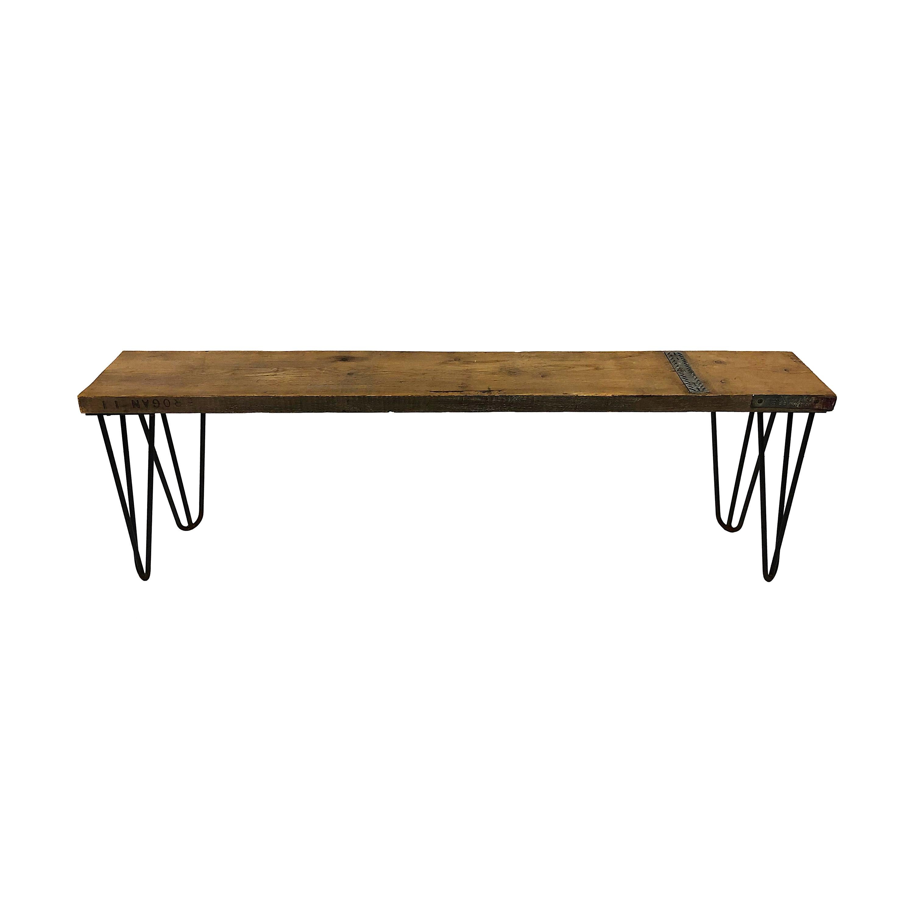 Industrial Bench with Hairpin Legs and Scaffolding Wood Mid-Century Modern Seat For Sale