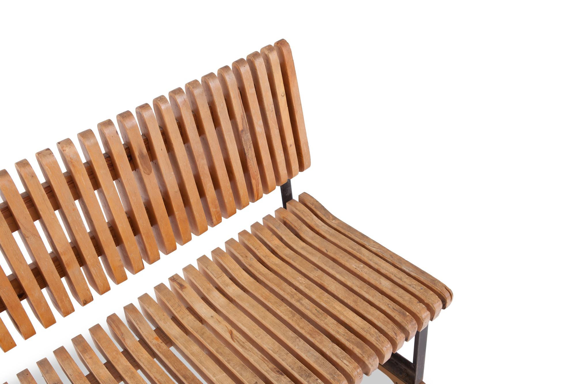 Dutch Industrial Bench with Slatted Seat and Backrest