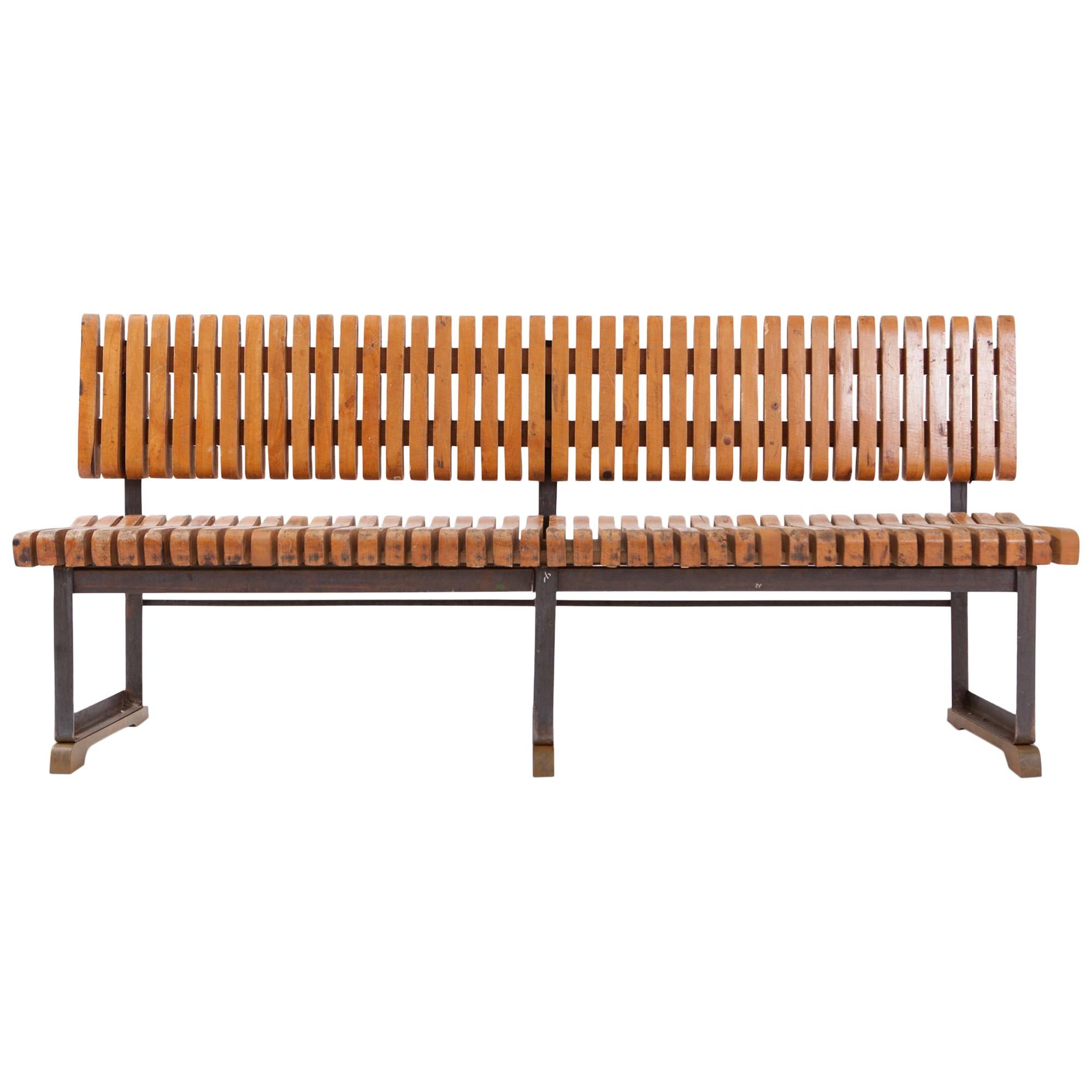 Industrial Bench with Slatted Seat and Backrest