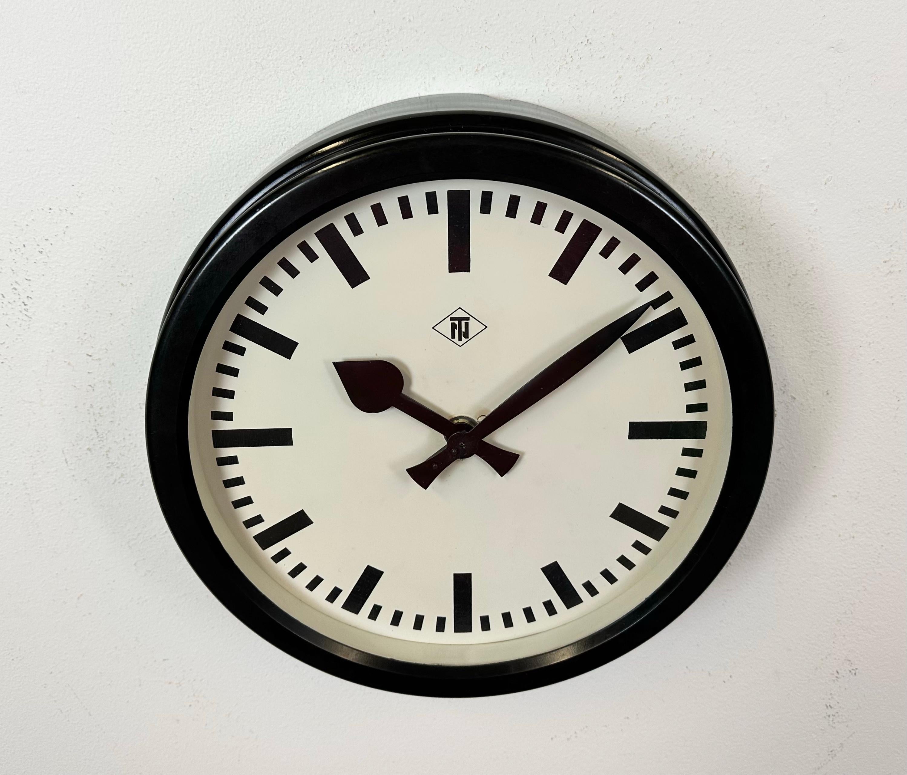 Glass Industrial Black Bakelite Station Wall Clock from TN, 1940s For Sale