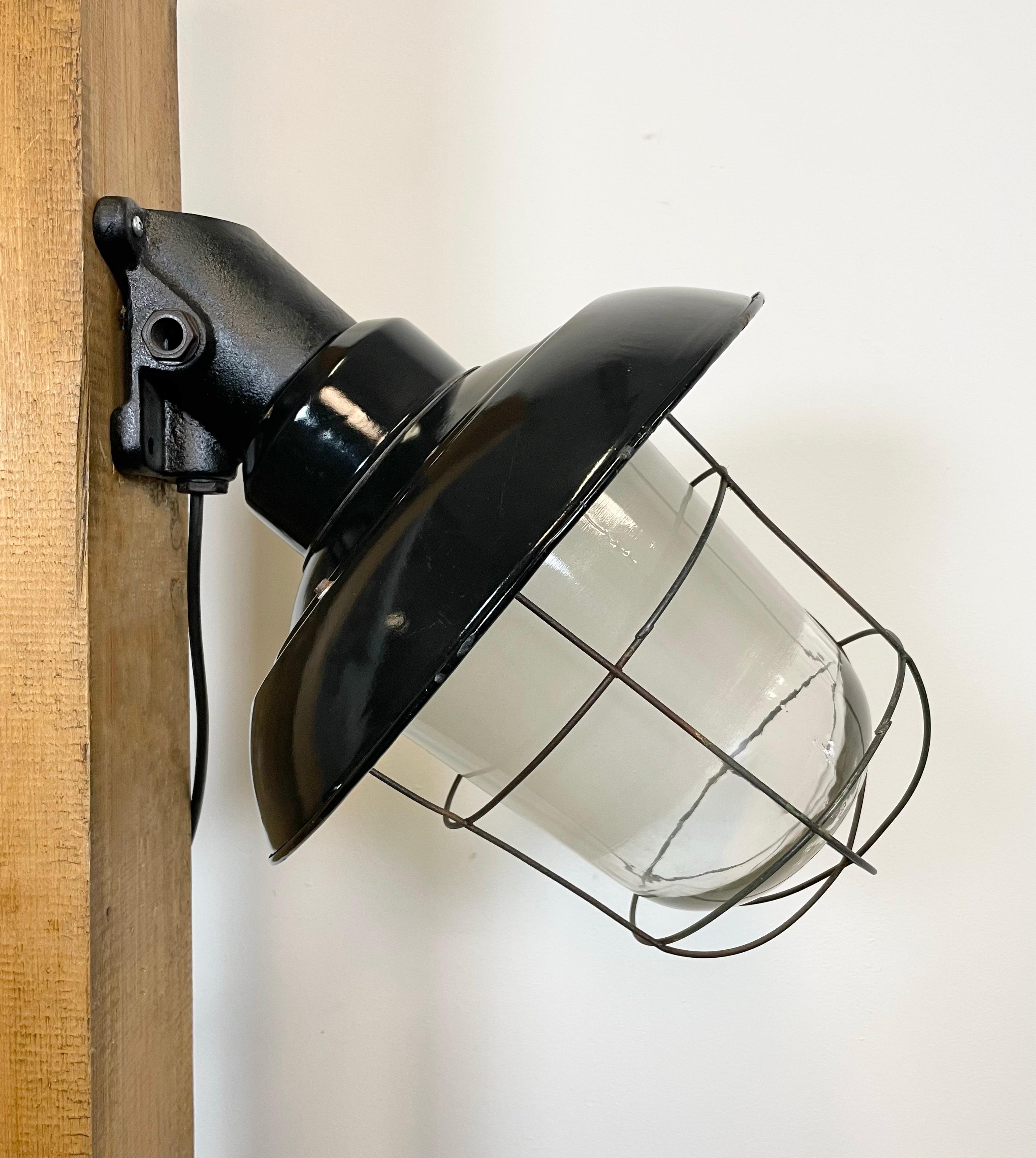 20th Century Industrial Black Enamel and Cast Iron Wall Lamp with Iron Grid, 1960s