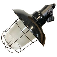 Industrial Black Enamel and Cast Iron Wall Lamp with Iron Grid, 1960s