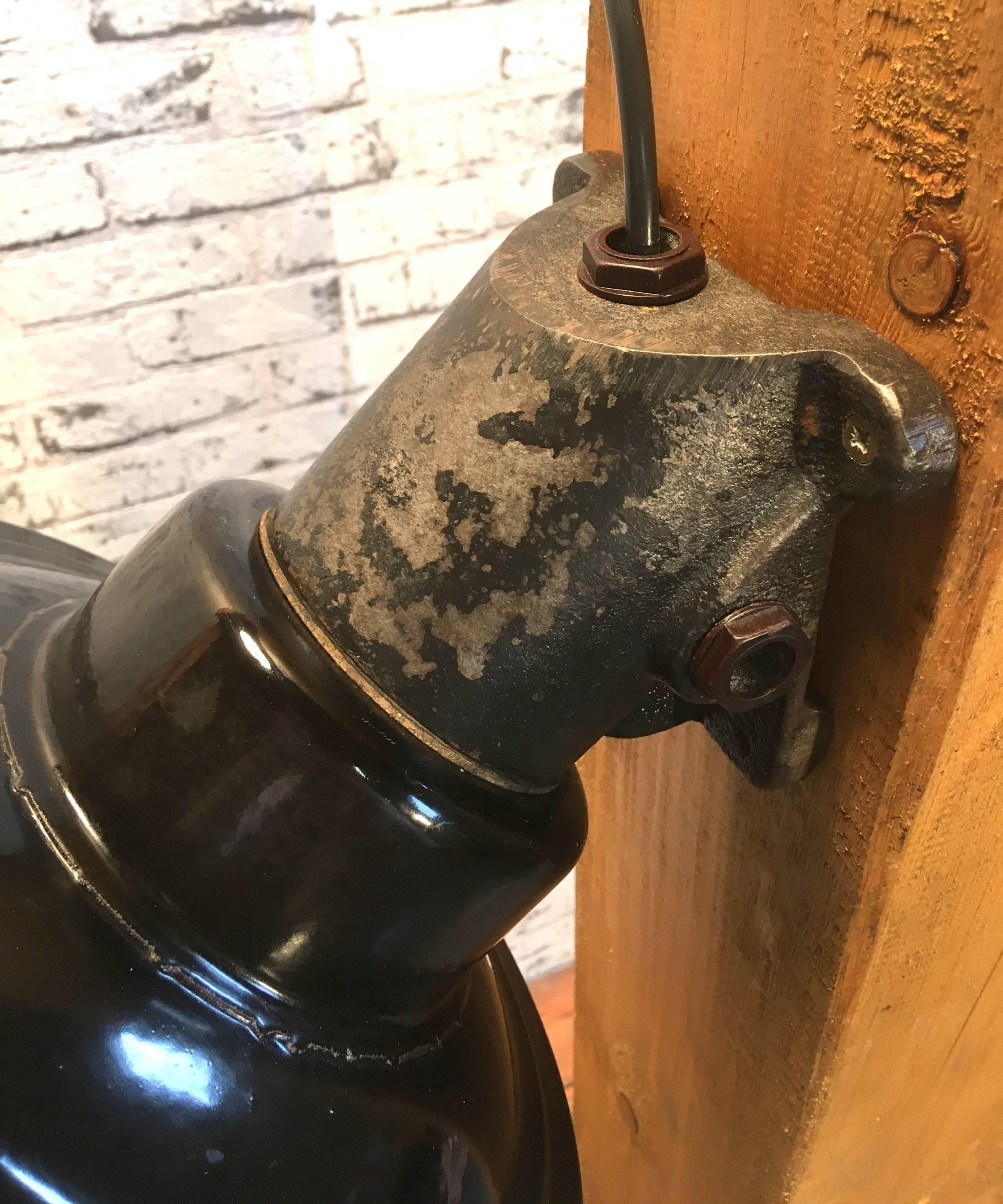 Czech Industrial Black Enamel Cast Iron Wall Lamp, Frosted Glass