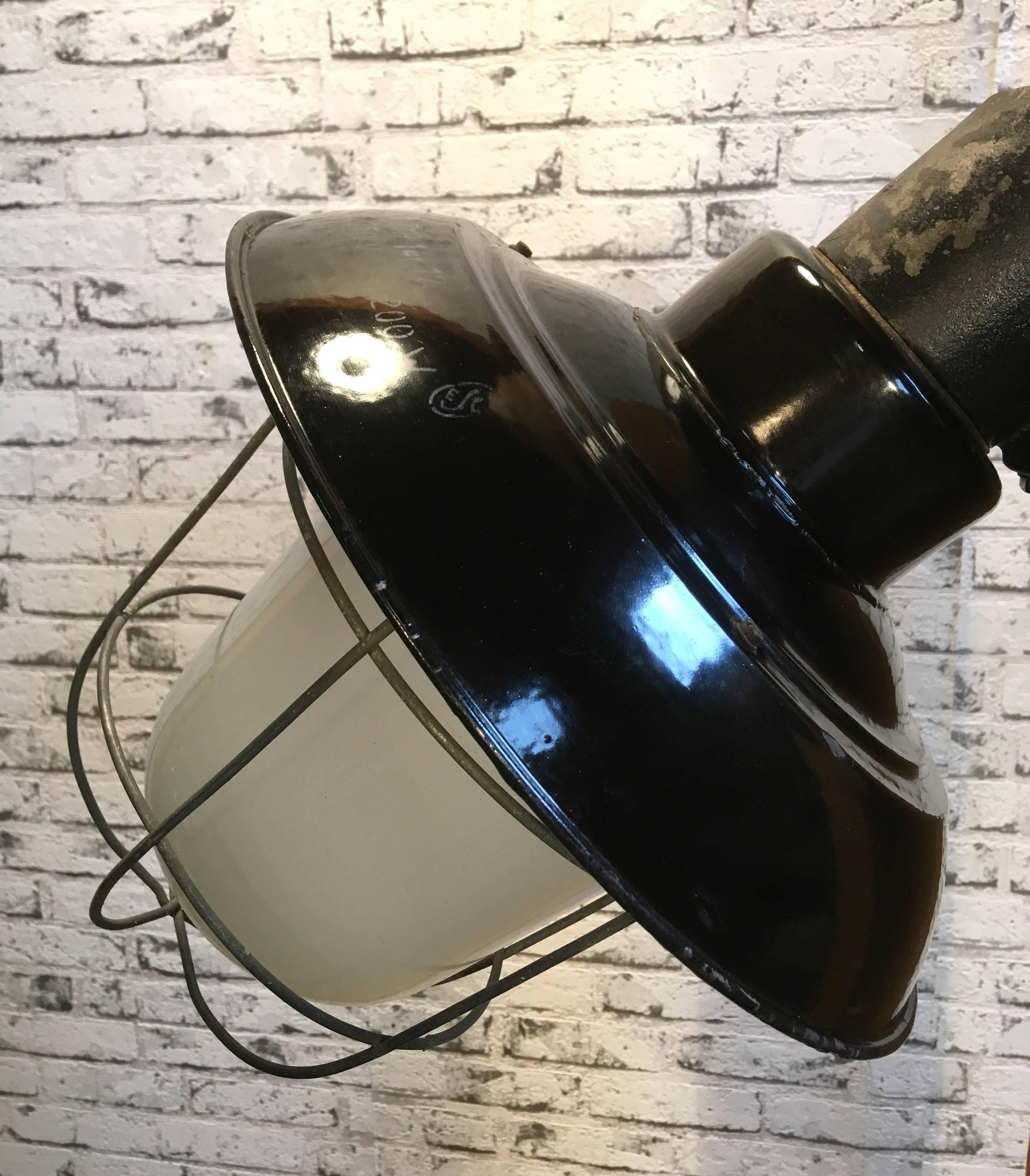 Industrial Black Enamel Cast Iron Wall Lamp, Frosted Glass In Good Condition In Kojetice, CZ
