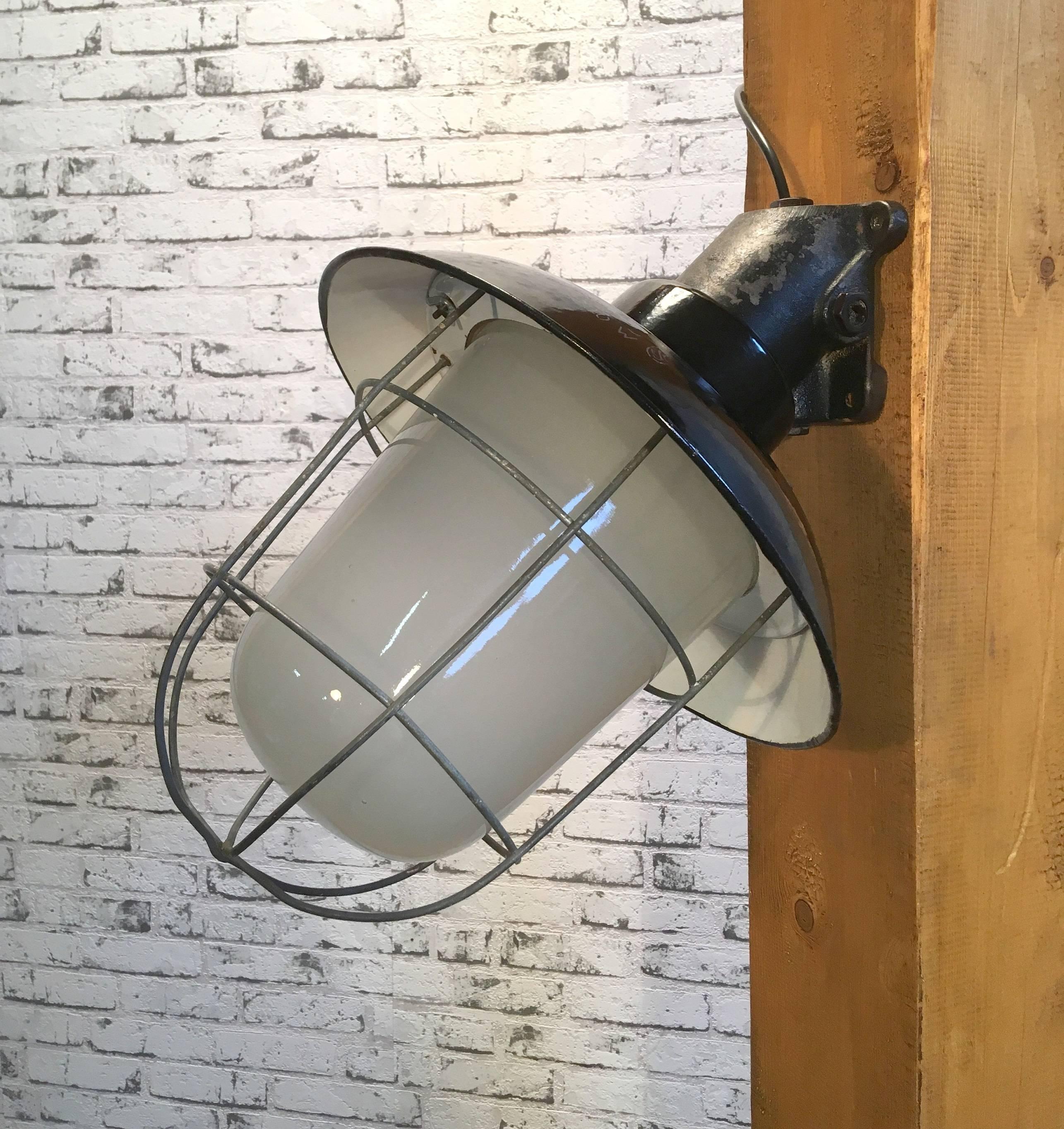 20th Century Industrial Black Enamel Cast Iron Wall Lamp, Frosted Glass