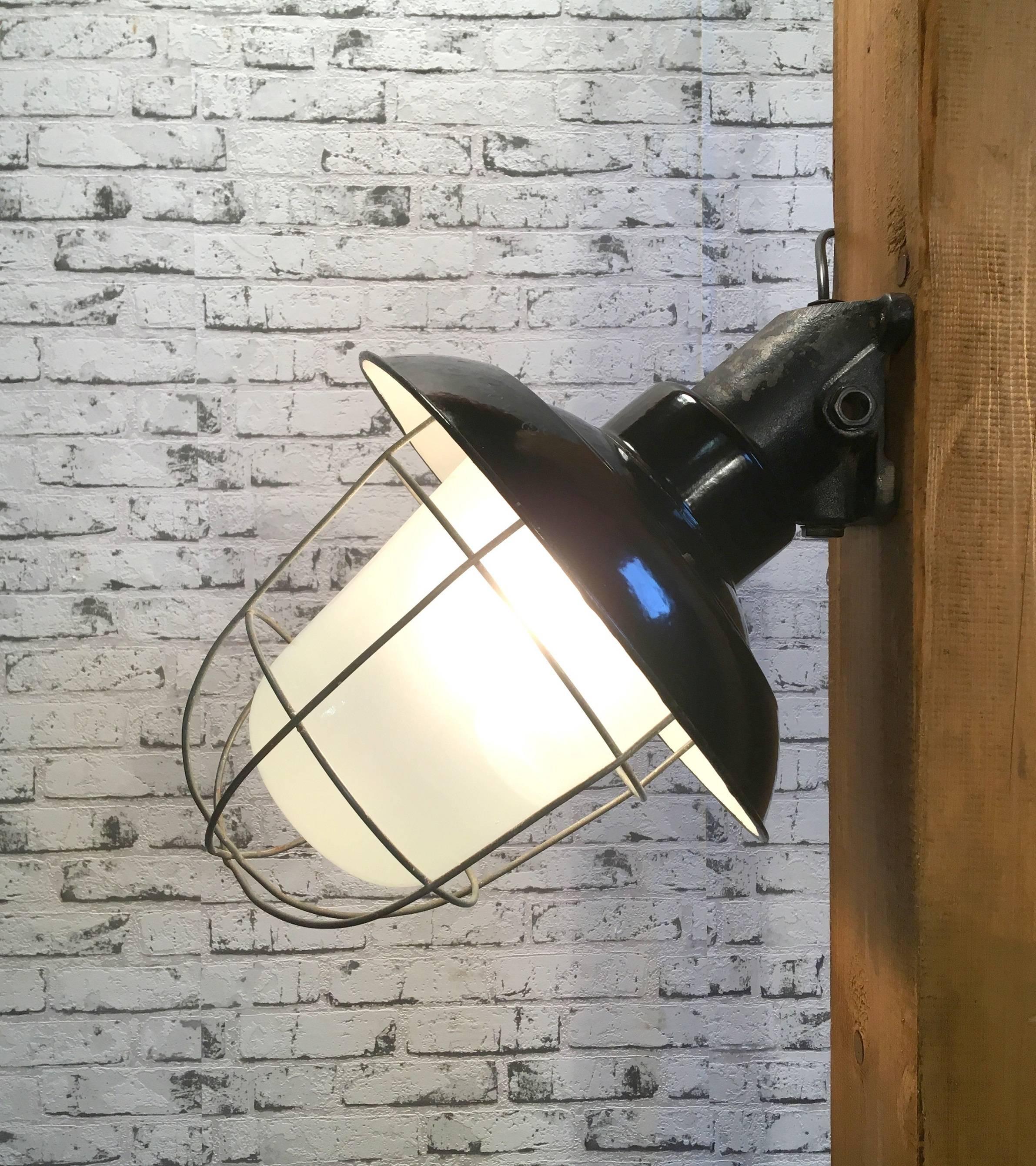 Metal Industrial Black Enamel Cast Iron Wall Lamp, Frosted Glass