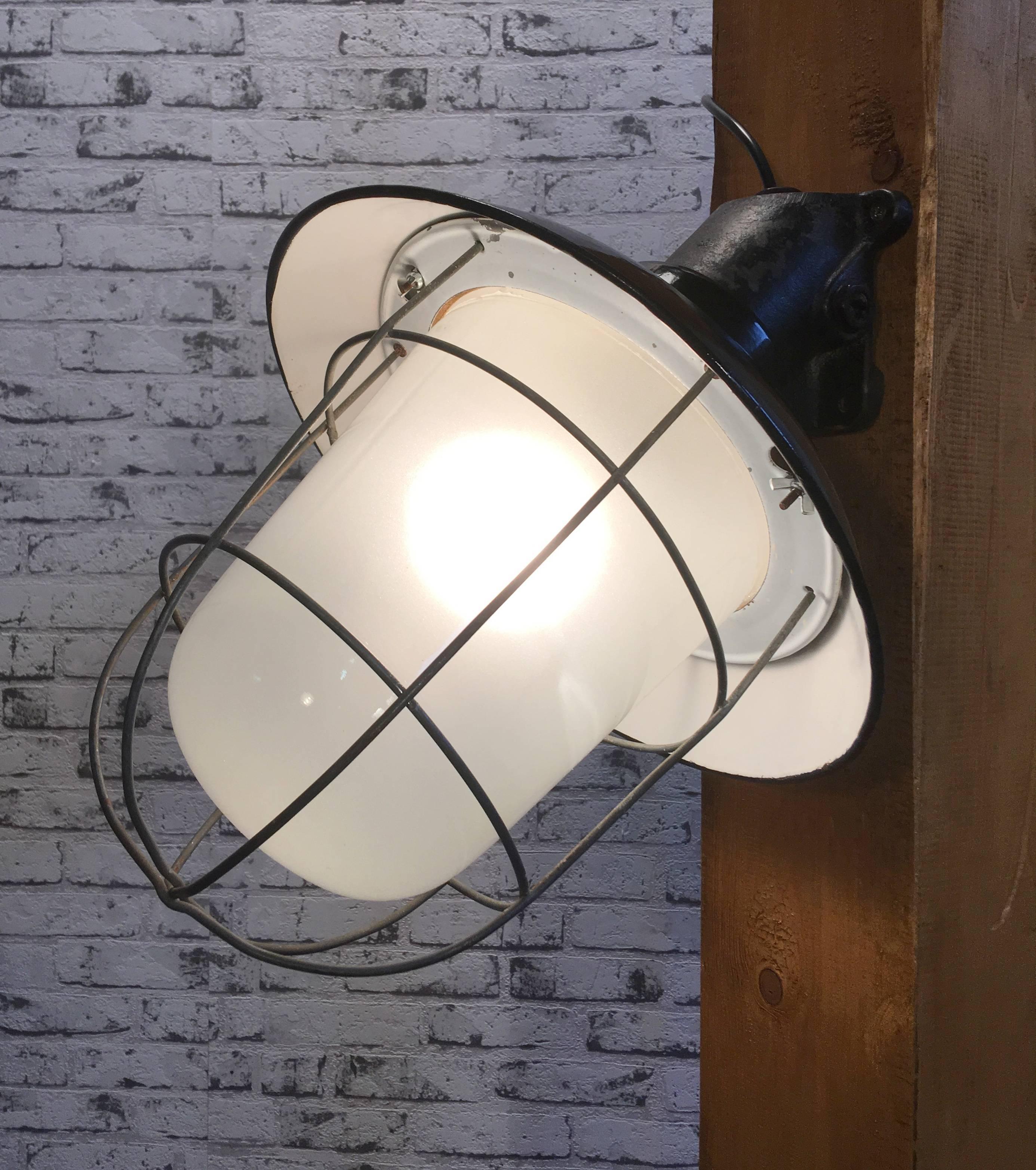 Industrial Black Enamel Cast Iron Wall Lamp, Frosted Glass 2