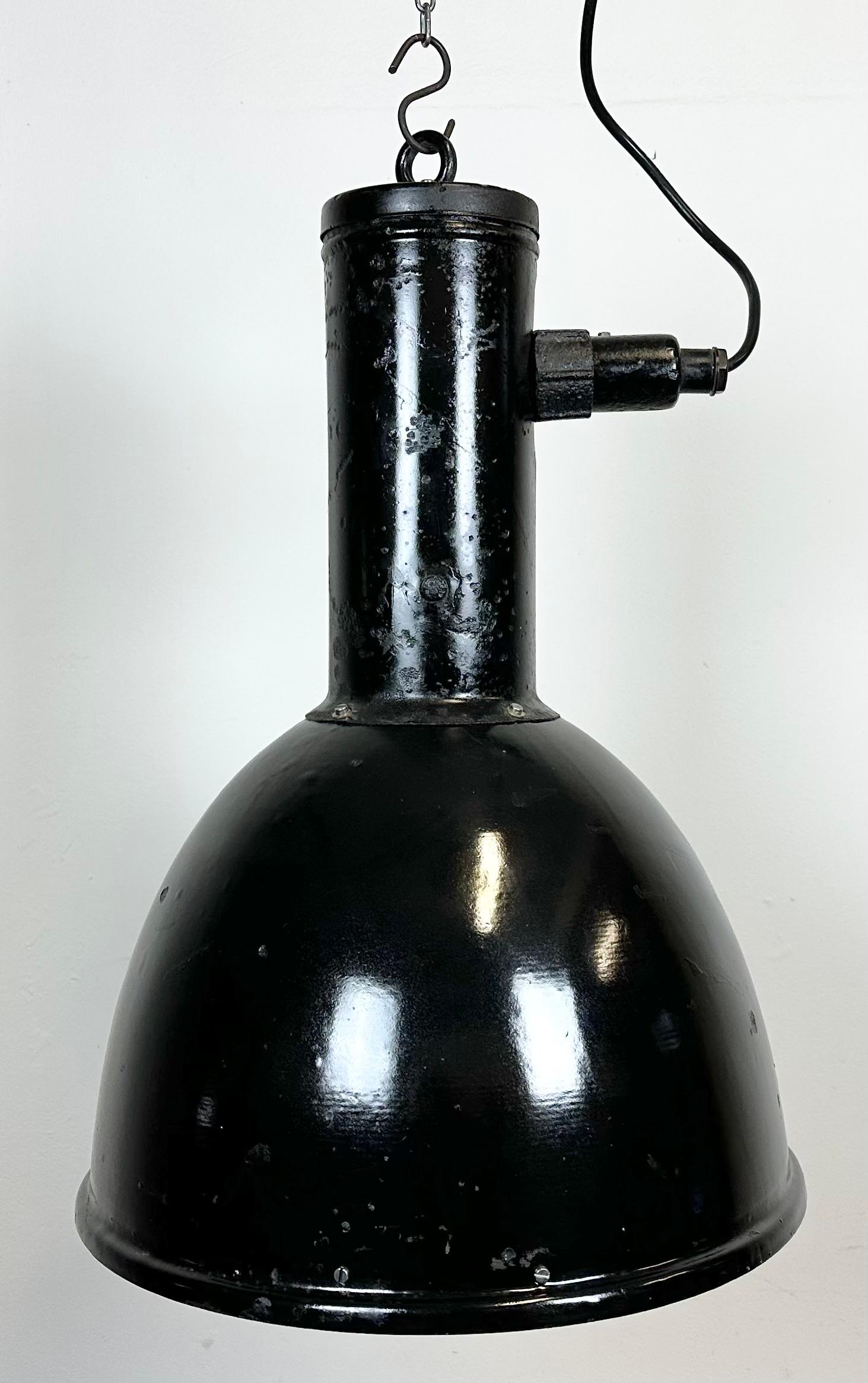 Czech Industrial Black Enamel Factory Hanging Lamp, 1950s For Sale