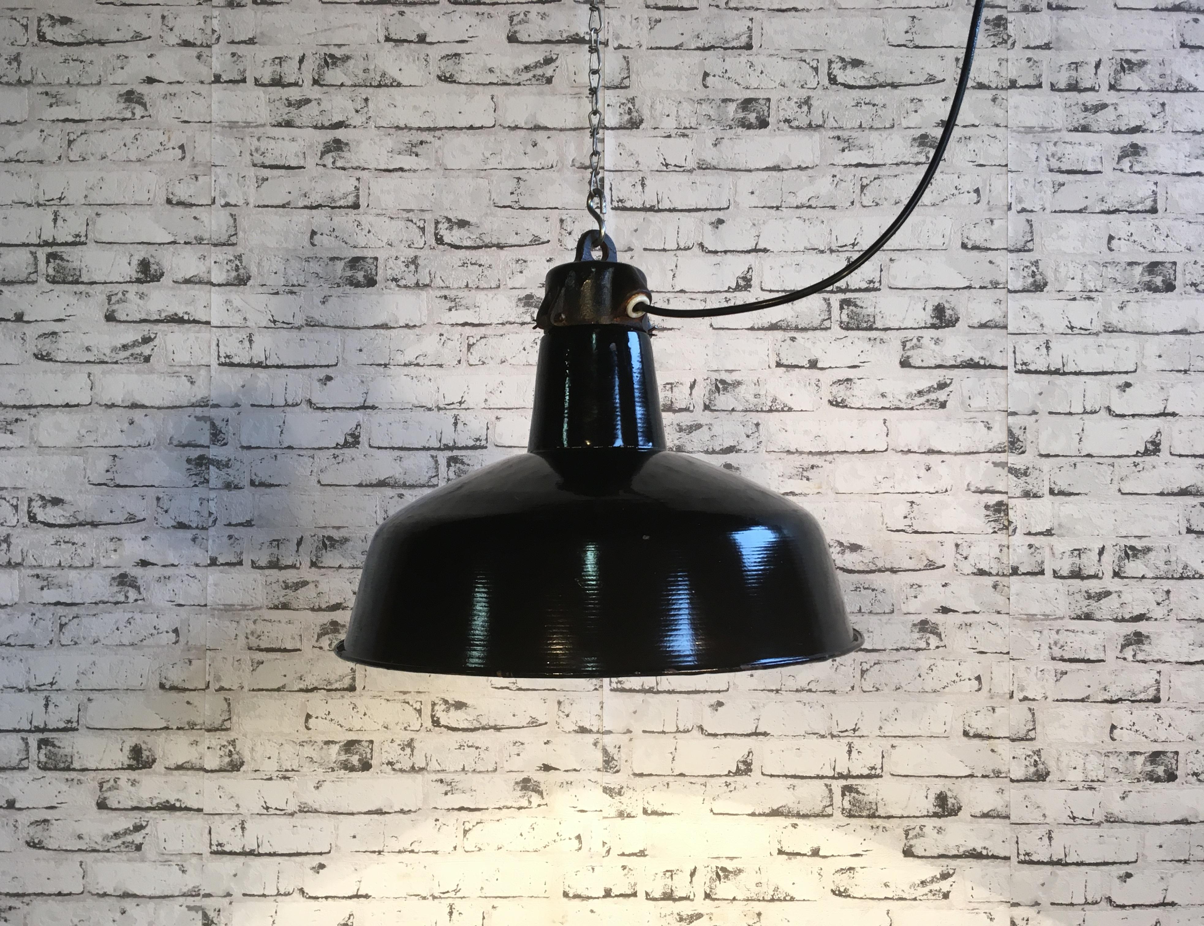 Industrial Black Enamel Factory Hanging Lamp, 1950s In Good Condition In Kojetice, CZ