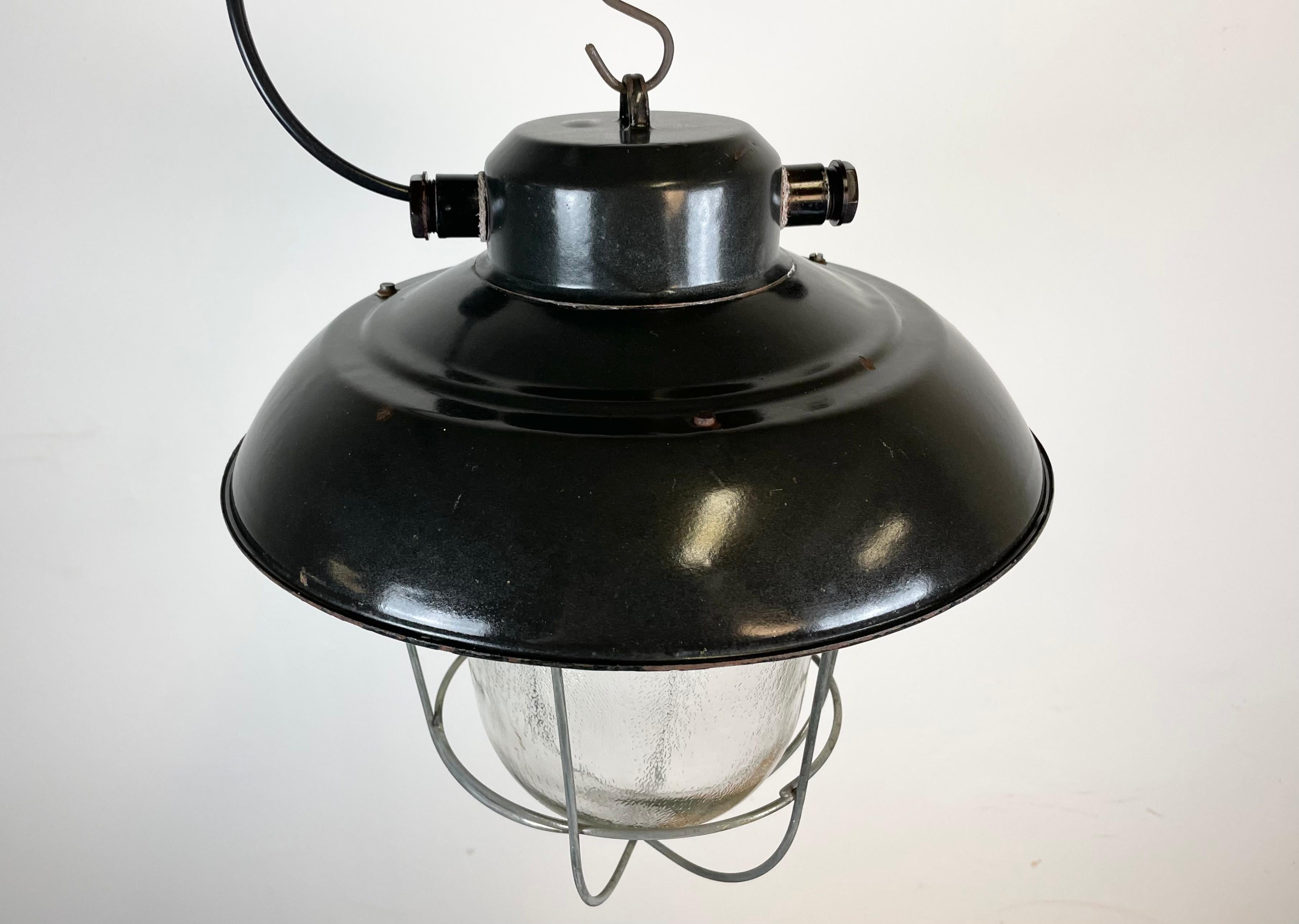 Czech Industrial Black Enamel Factory Hanging Lamp, 1960s For Sale