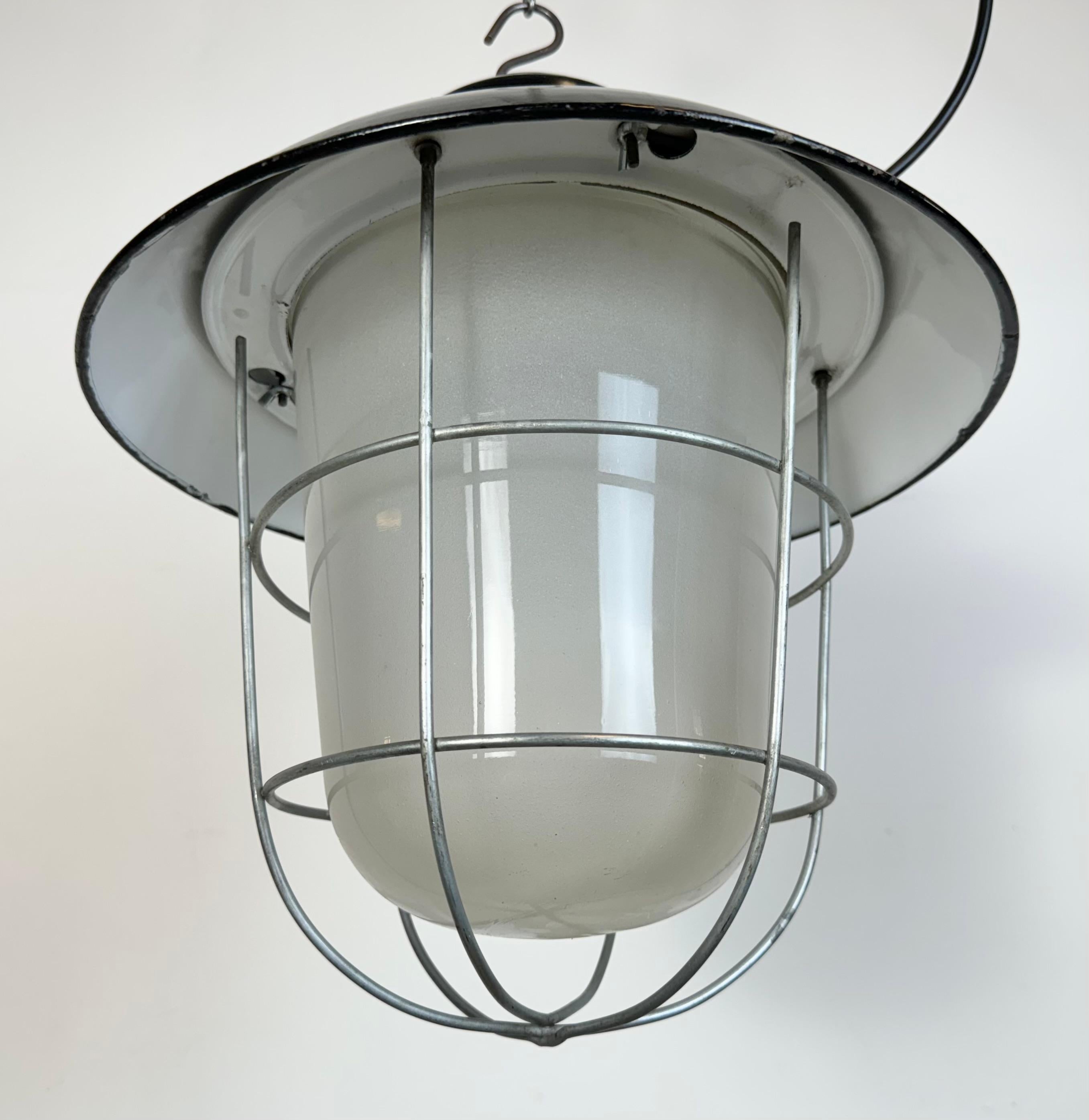 Czech Industrial Black Enamel Factory Hanging Lamp, 1960s For Sale