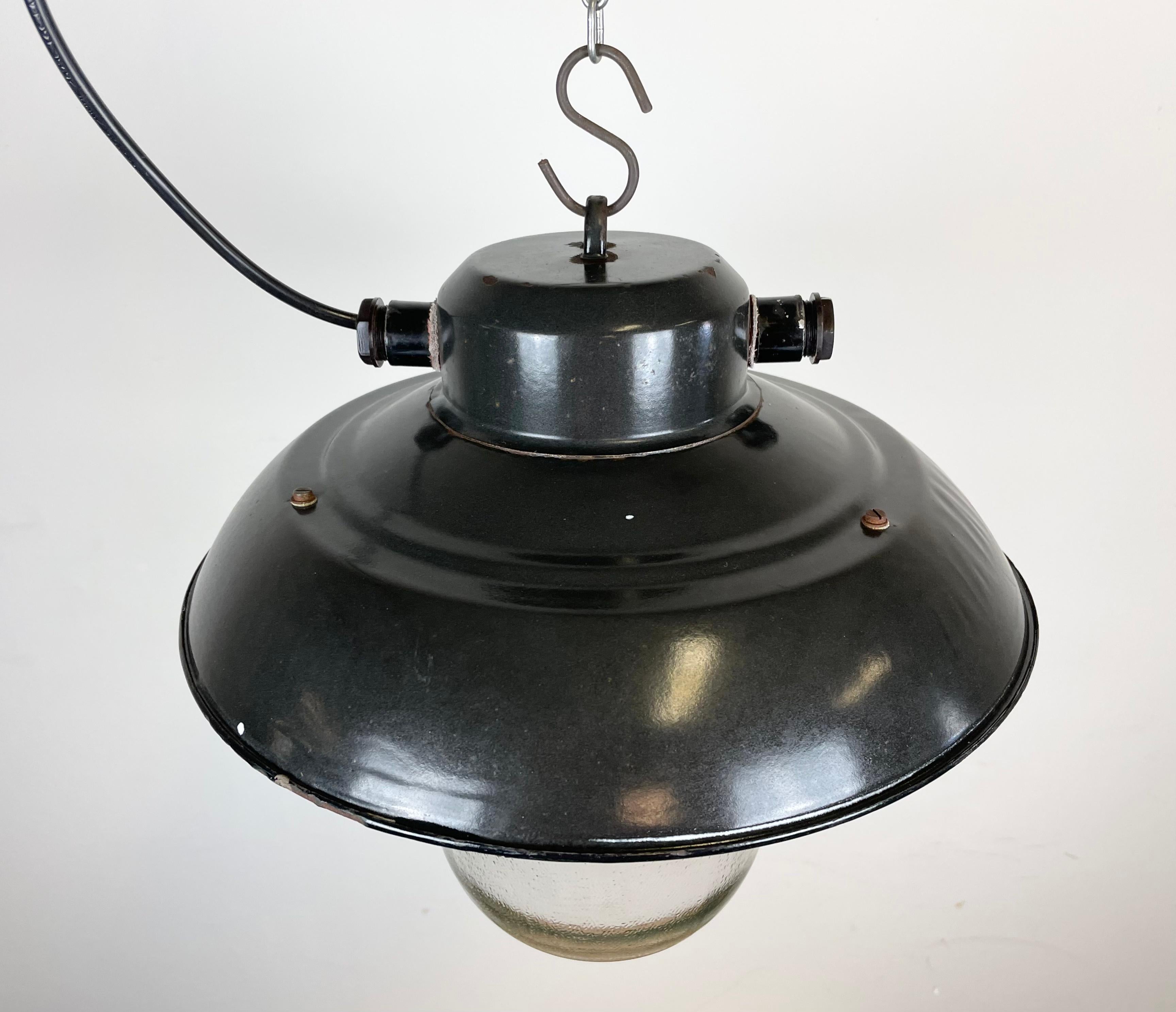 Industrial Black Enamel Factory Hanging Lamp, 1960s In Good Condition For Sale In Kojetice, CZ