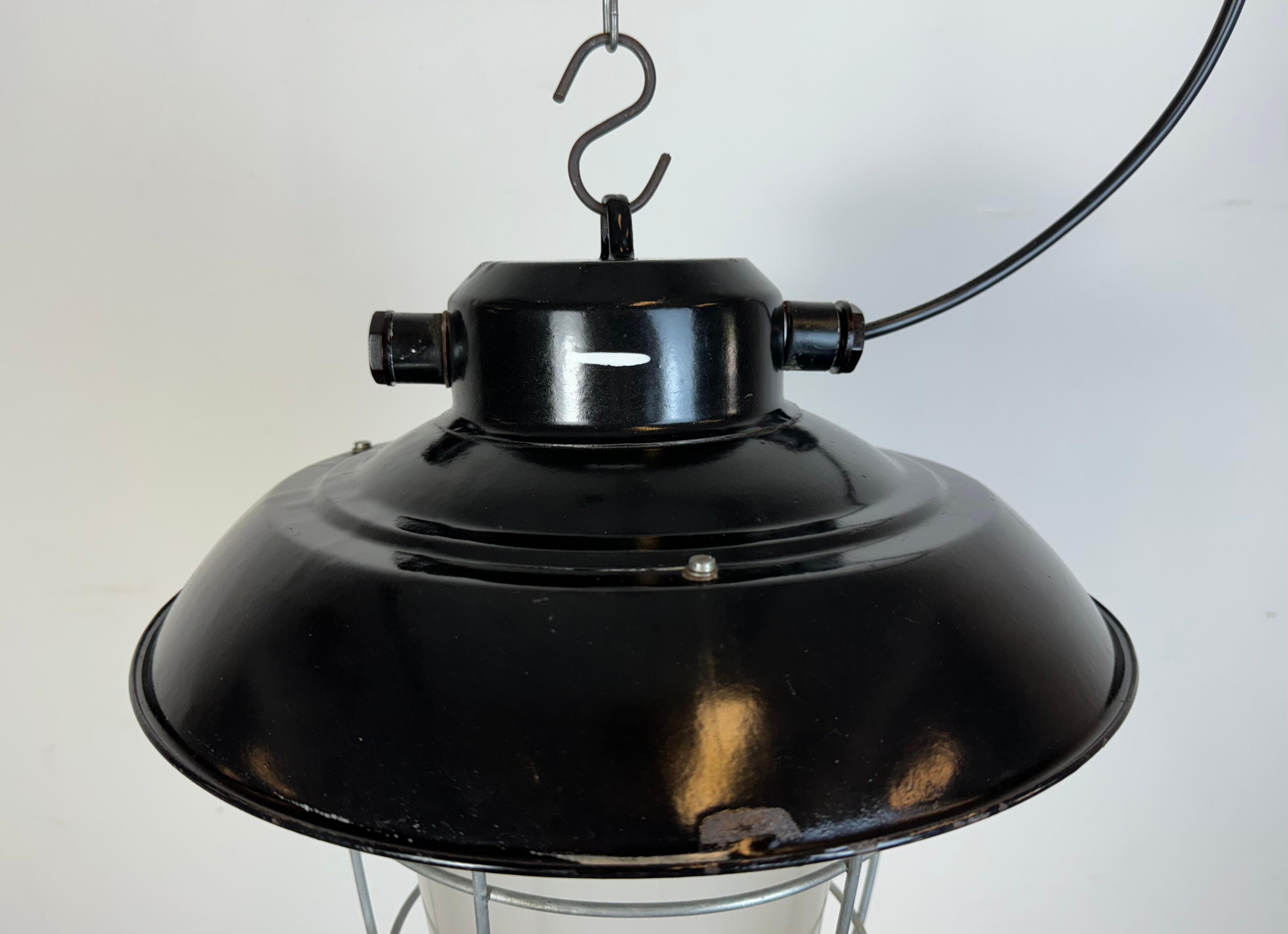 Industrial Black Enamel Factory Hanging Lamp, 1960s In Good Condition For Sale In Kojetice, CZ