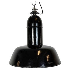 Antique Industrial Black Enamel Factory Lamp with Cast Iron Top, 1930s