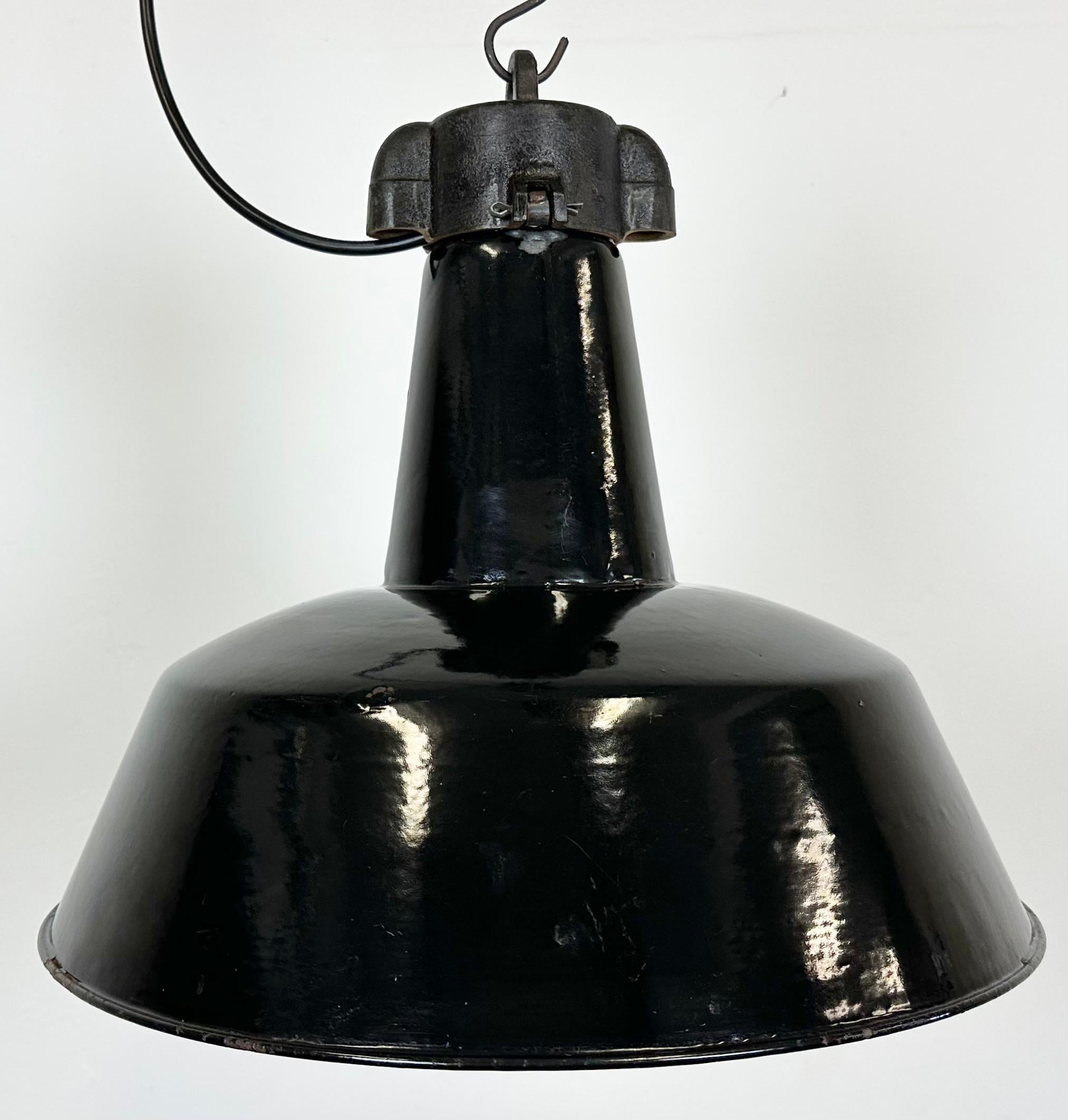 Czech Industrial Black Enamel Factory Lamp with Cast Iron Top, 1950s For Sale
