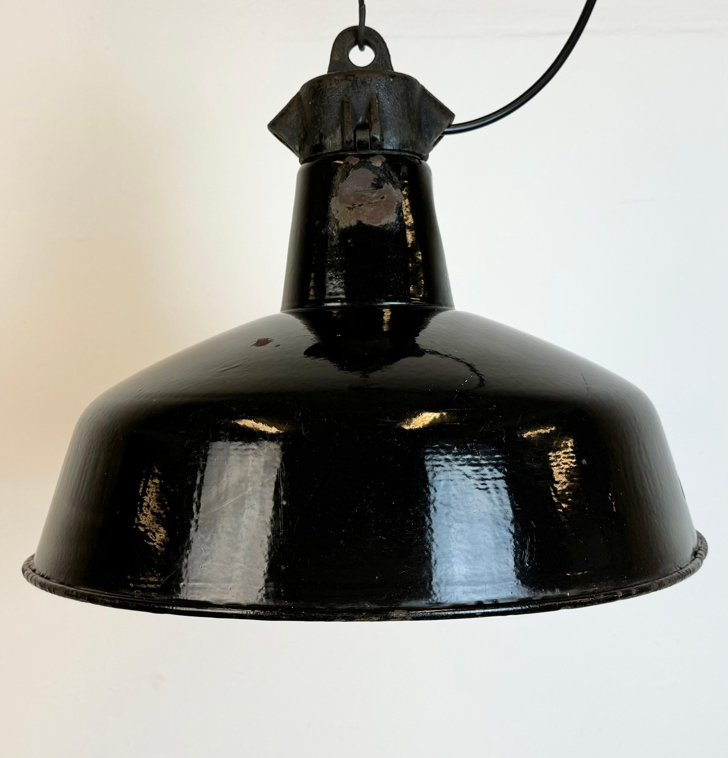 Czech Industrial Black Enamel Factory Lamp with Cast Iron Top, 1950s For Sale