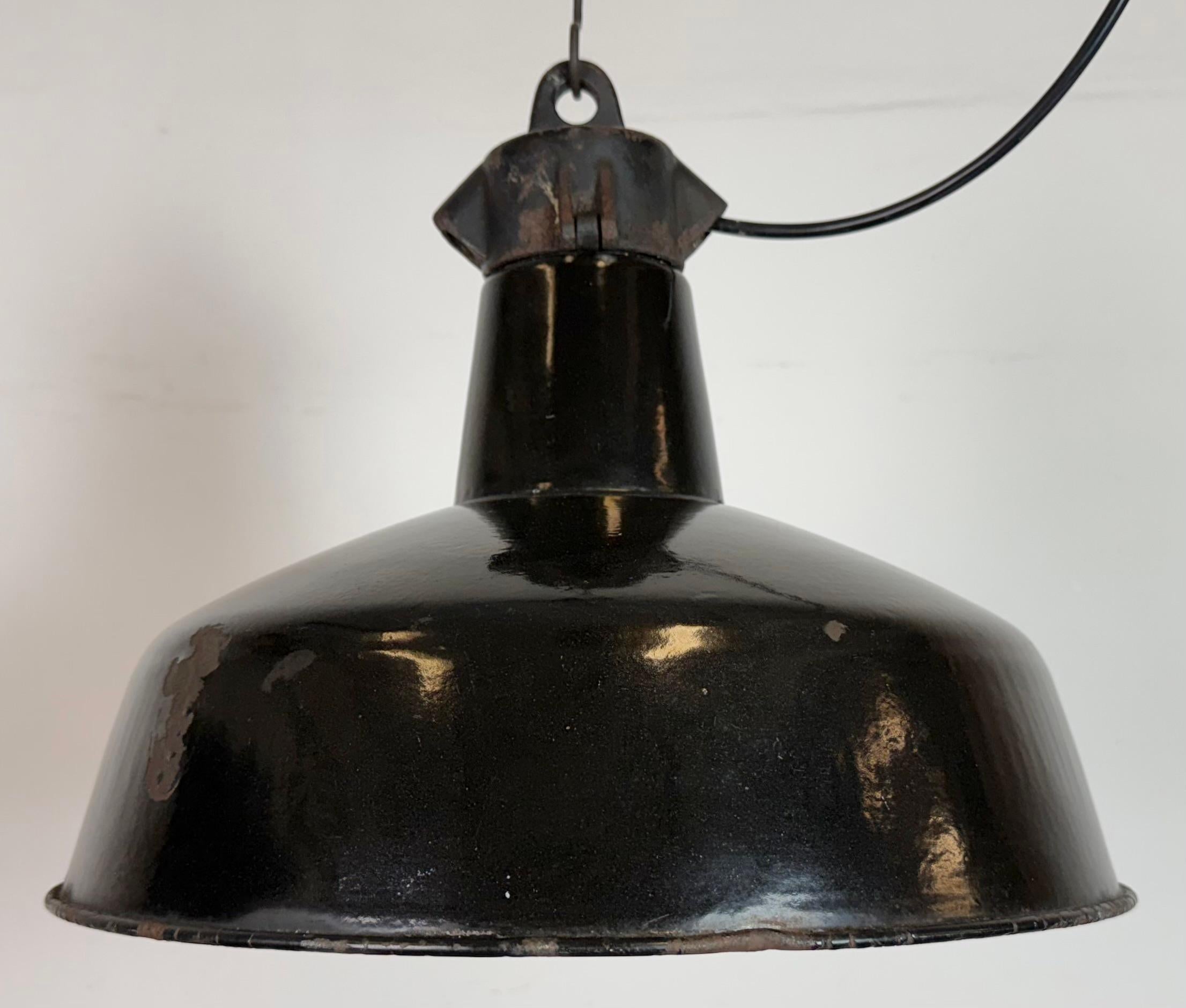 Czech Industrial Black Enamel Factory Lamp with Cast Iron Top, 1950s For Sale