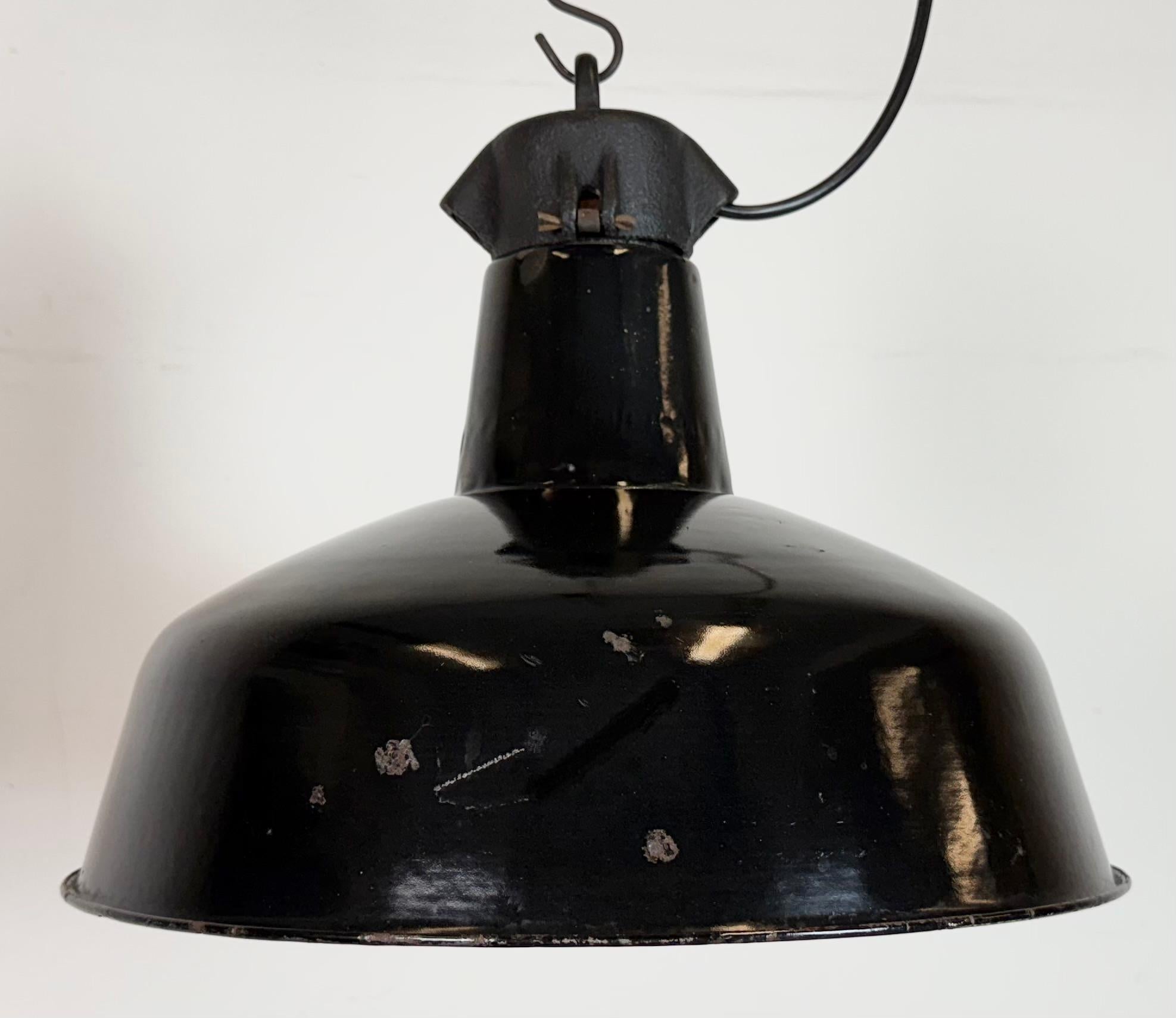 Czech Industrial Black Enamel Factory Lamp with Cast Iron Top, 1950s For Sale