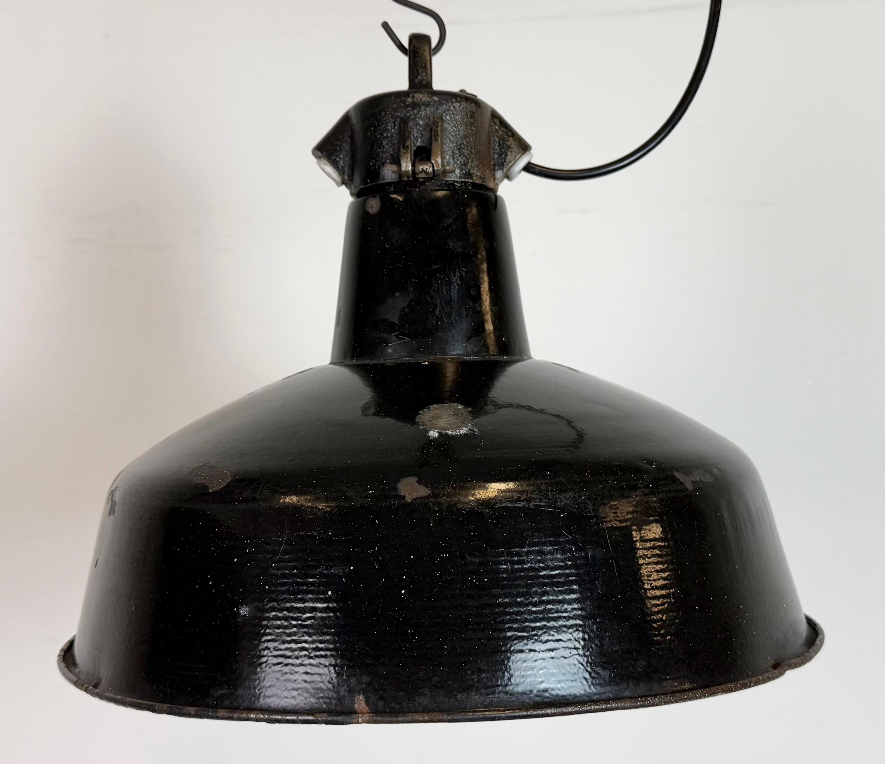 Czech Industrial Black Enamel Factory Lamp with Cast Iron Top, 1950s For Sale