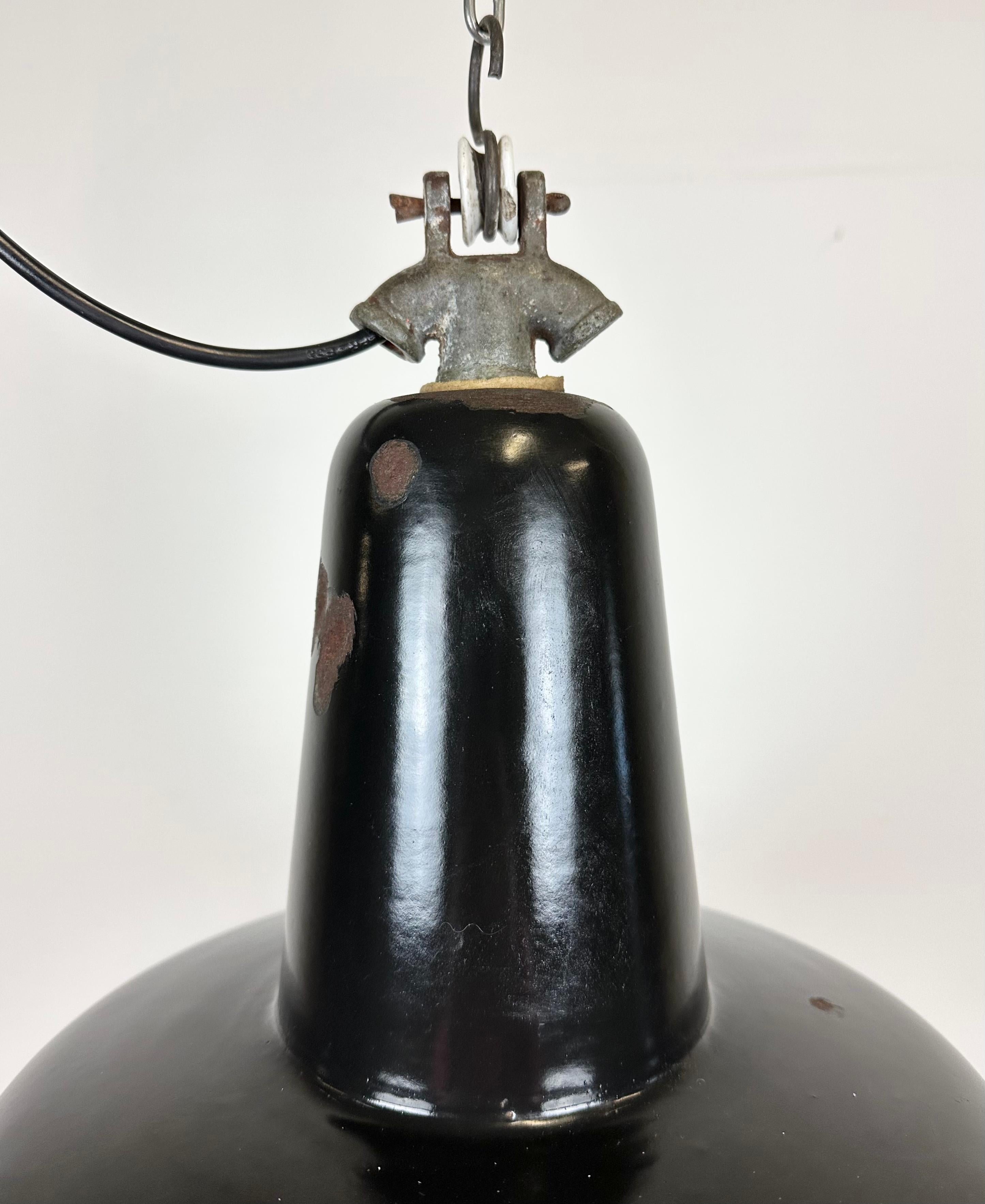 20th Century Industrial Black Enamel Factory Lamp with Cast Iron Top, 1950s For Sale