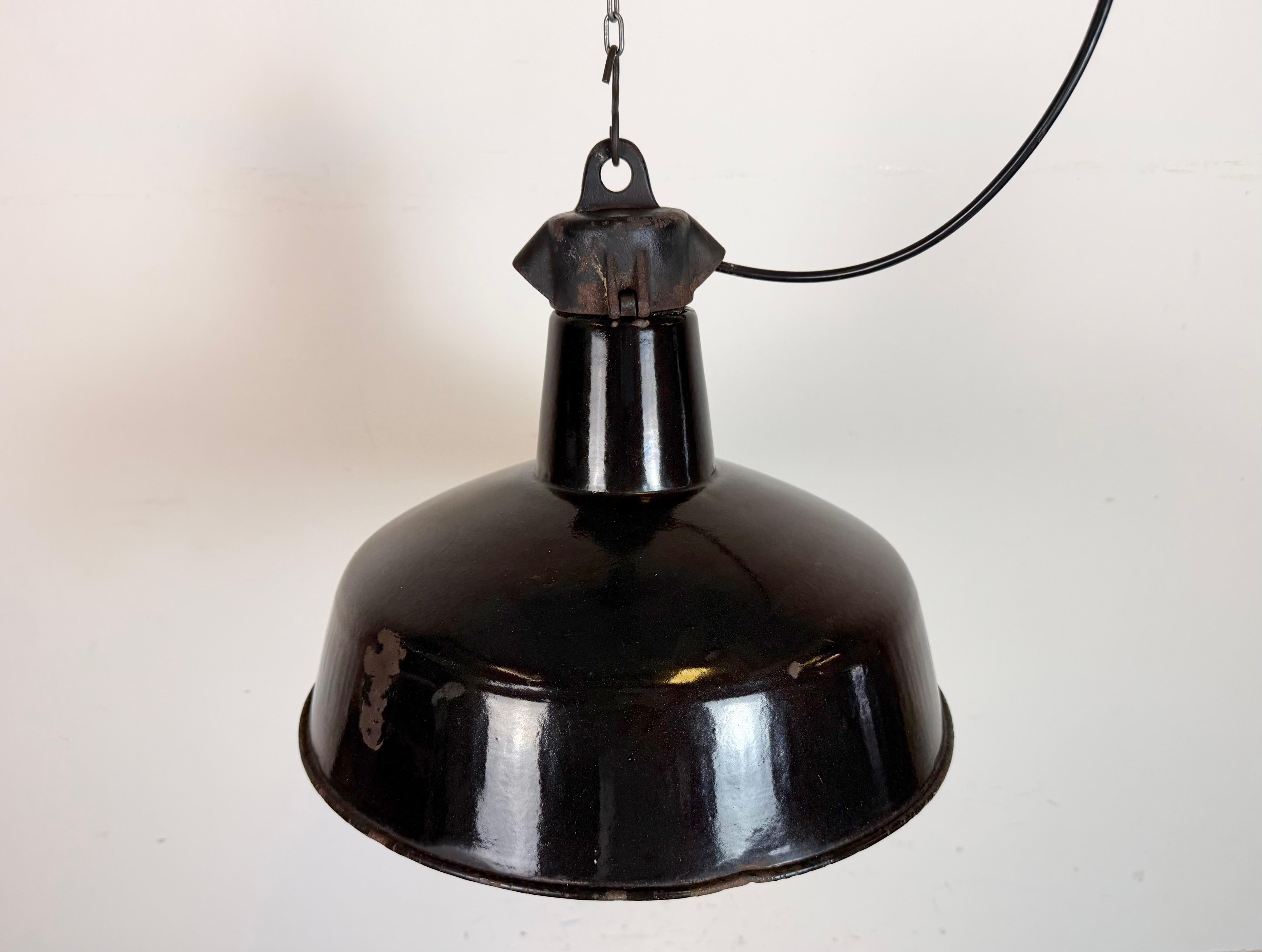 20th Century Industrial Black Enamel Factory Lamp with Cast Iron Top, 1950s For Sale